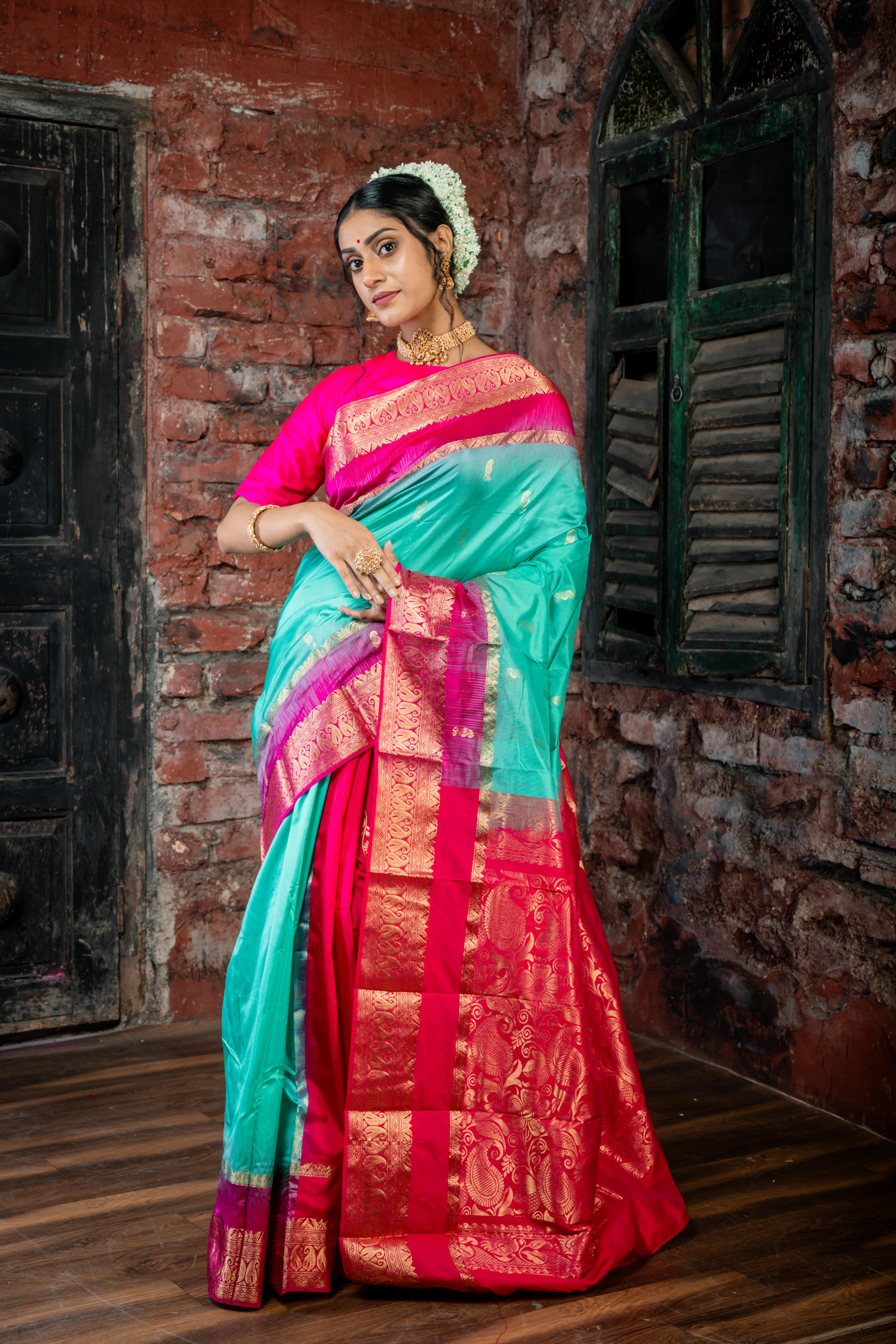 Rithika || Half Body Teal Green & Matte Gold Zari Buta and Half Body Magenta Pink & Matte Gold Zari Stripe 'Patli Pallu' Kanjivaram Silk Saree with Magenta Pink & Antique Gold Zari Traditional design Border & Pallu
