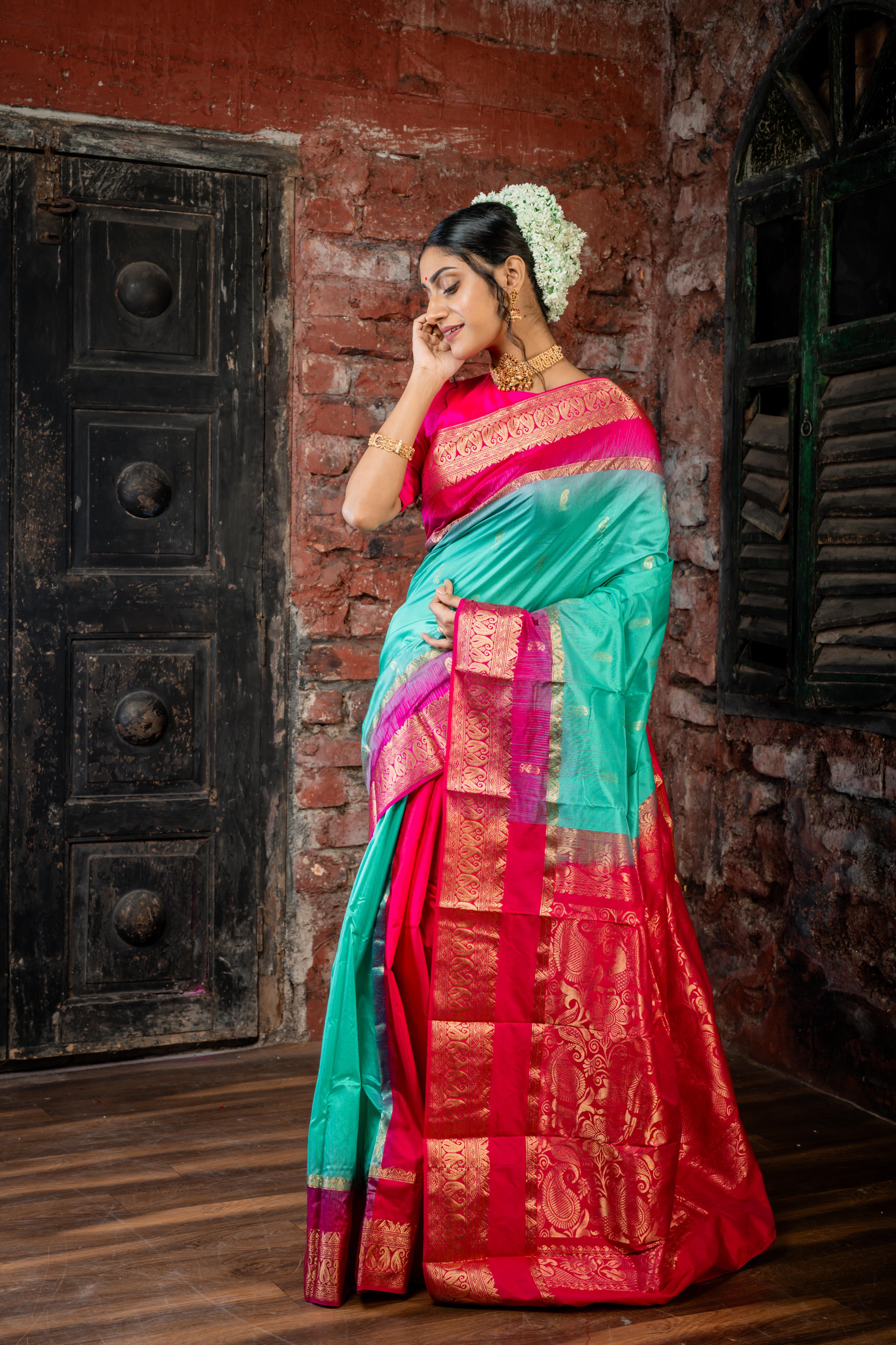 Rithika || Half Body Teal Green & Matte Gold Zari Buta and Half Body Magenta Pink & Matte Gold Zari Stripe 'Patli Pallu' Kanjivaram Silk Saree with Magenta Pink & Antique Gold Zari Traditional design Border & Pallu