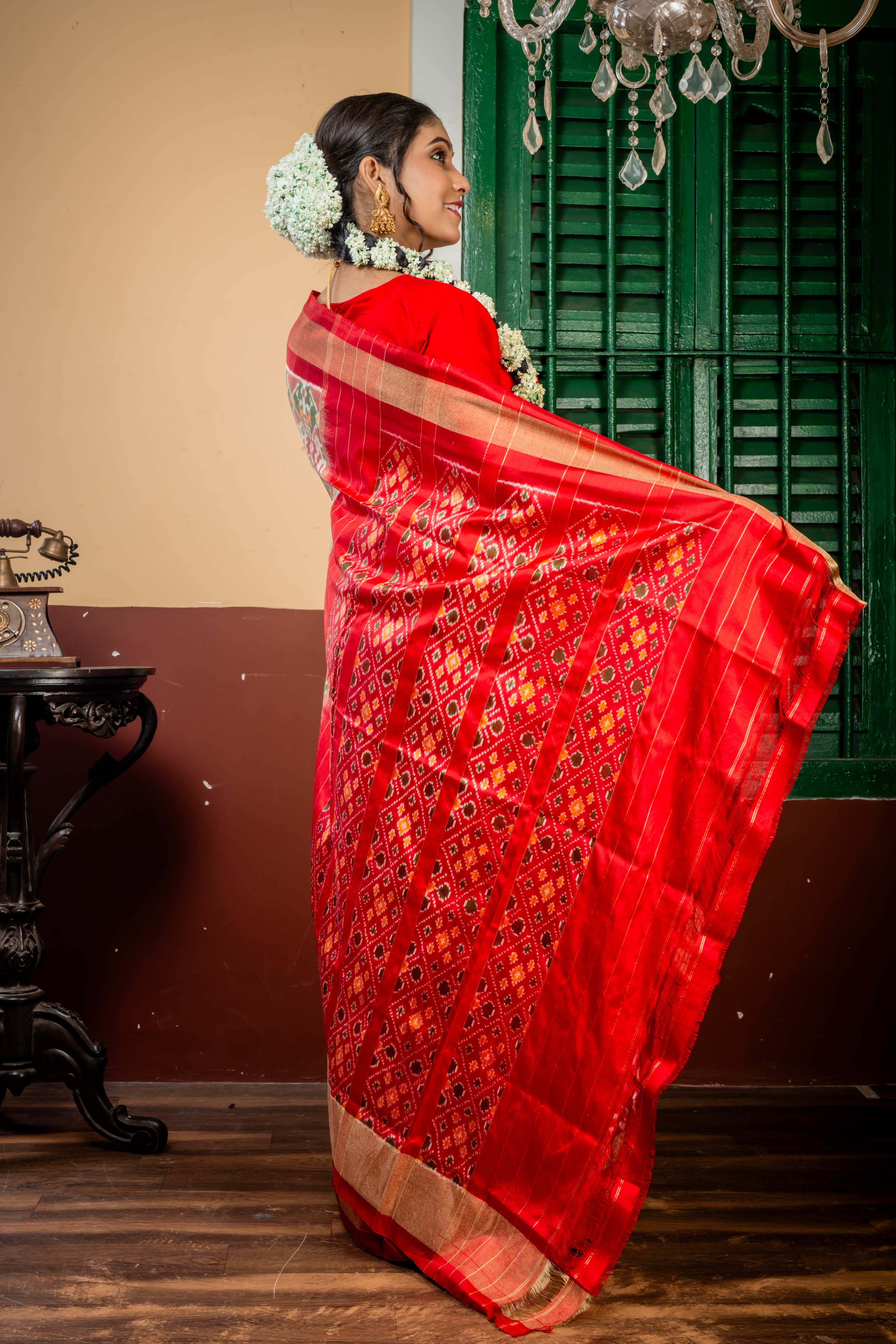 Vinitha || Sap Green, Off-white & Pale Maroon shaded Pure Silk Ikkat Handloom Saree with full body traditional Ikkat design and Dark Red & Golden Zari Border & Pallu