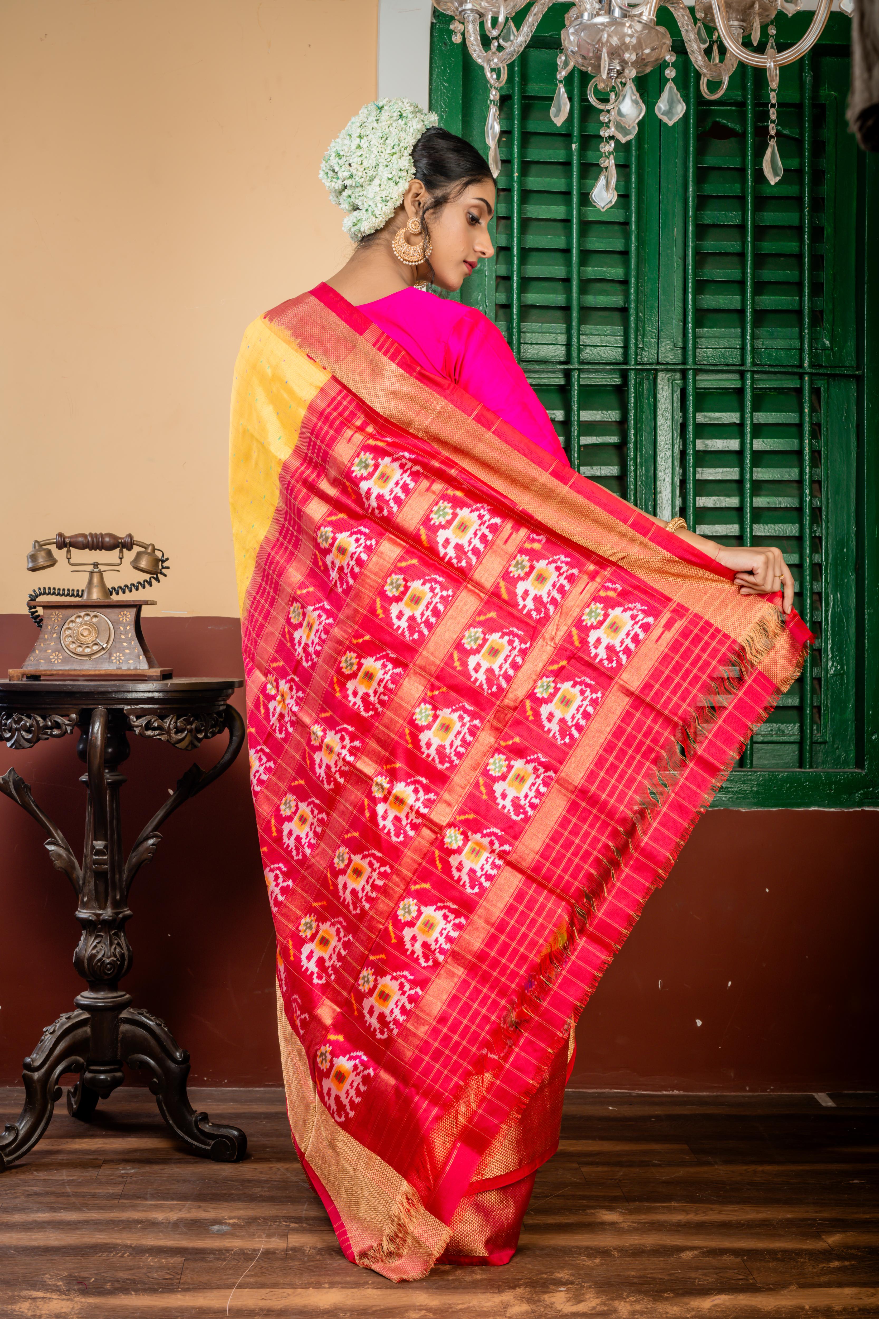 Gajagamini || Bright Yellow Pure Silk Pochampally Handloom Saree with all over Multi-colour Ikkat Buti & Matte Gold Zari Checks, Magenta Pink & Red dual tone with Antique Gold Zari Ikkat Border & Pallu with Zari Checks highlights