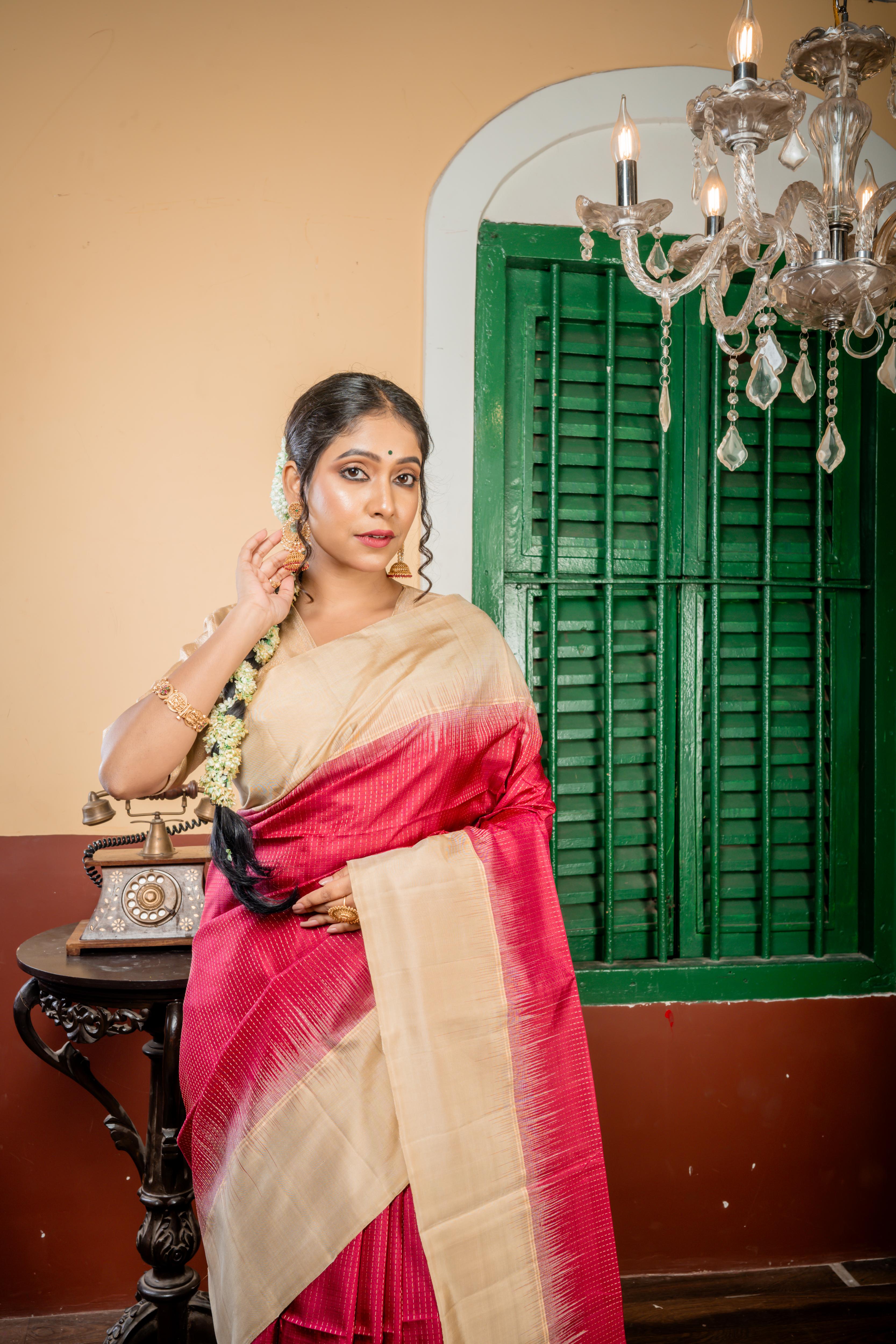 Vinisha || Dark Burgundy Pattu Soft Silk Handloom Saree with all over Golden Zari Abstract Stripes and Ivory Beige Plain Border & Pallu with Golden Zari ZigZag Stripe