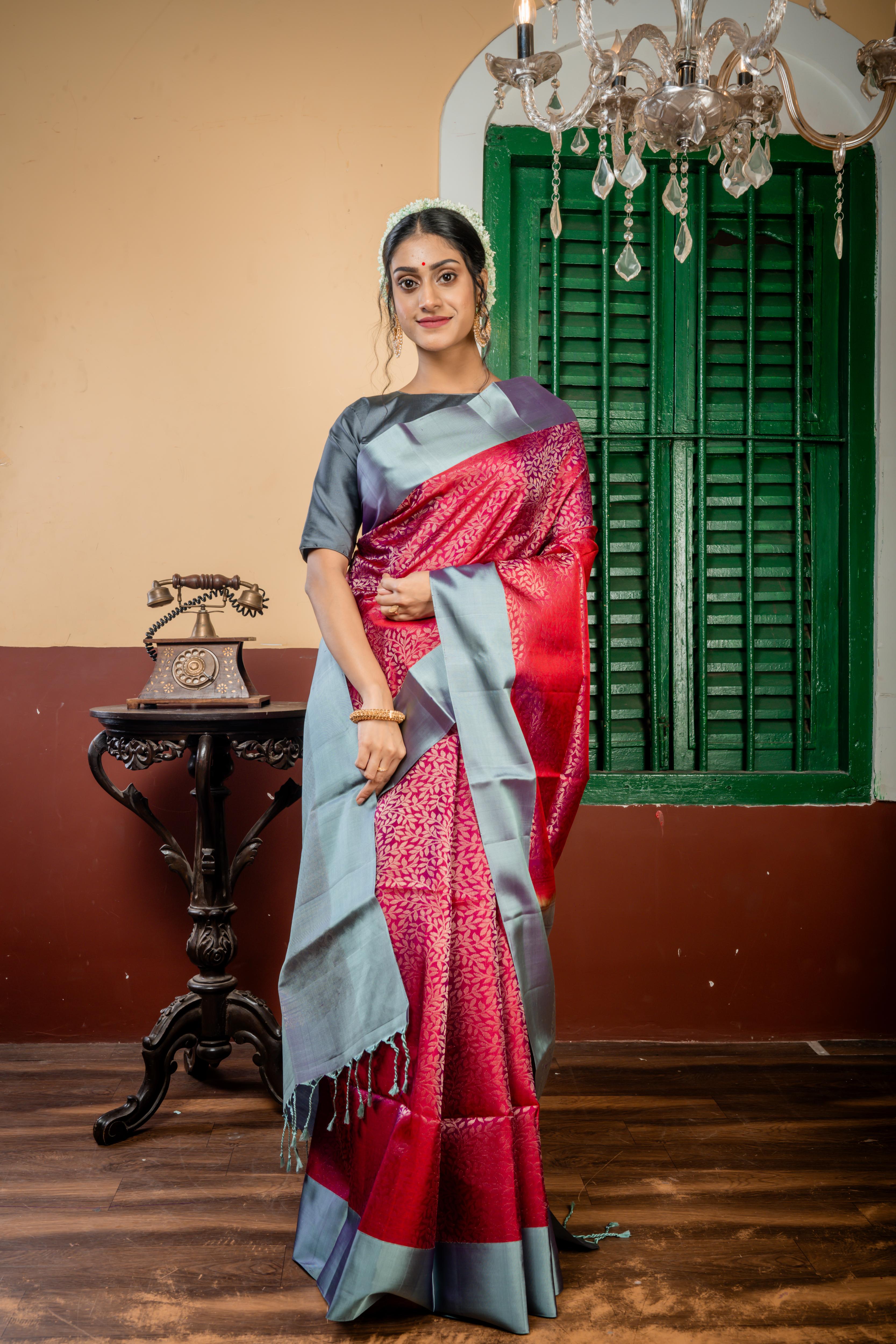 Hemlatha || Maroon & Purple dual tone Pattu Soft Silk Handloom Saree with all over Matte Gold Zari Floral Jaal, Light Slate Grey & Purple dual-tone Border and Pallu with Matte Gold Zari Traditional design