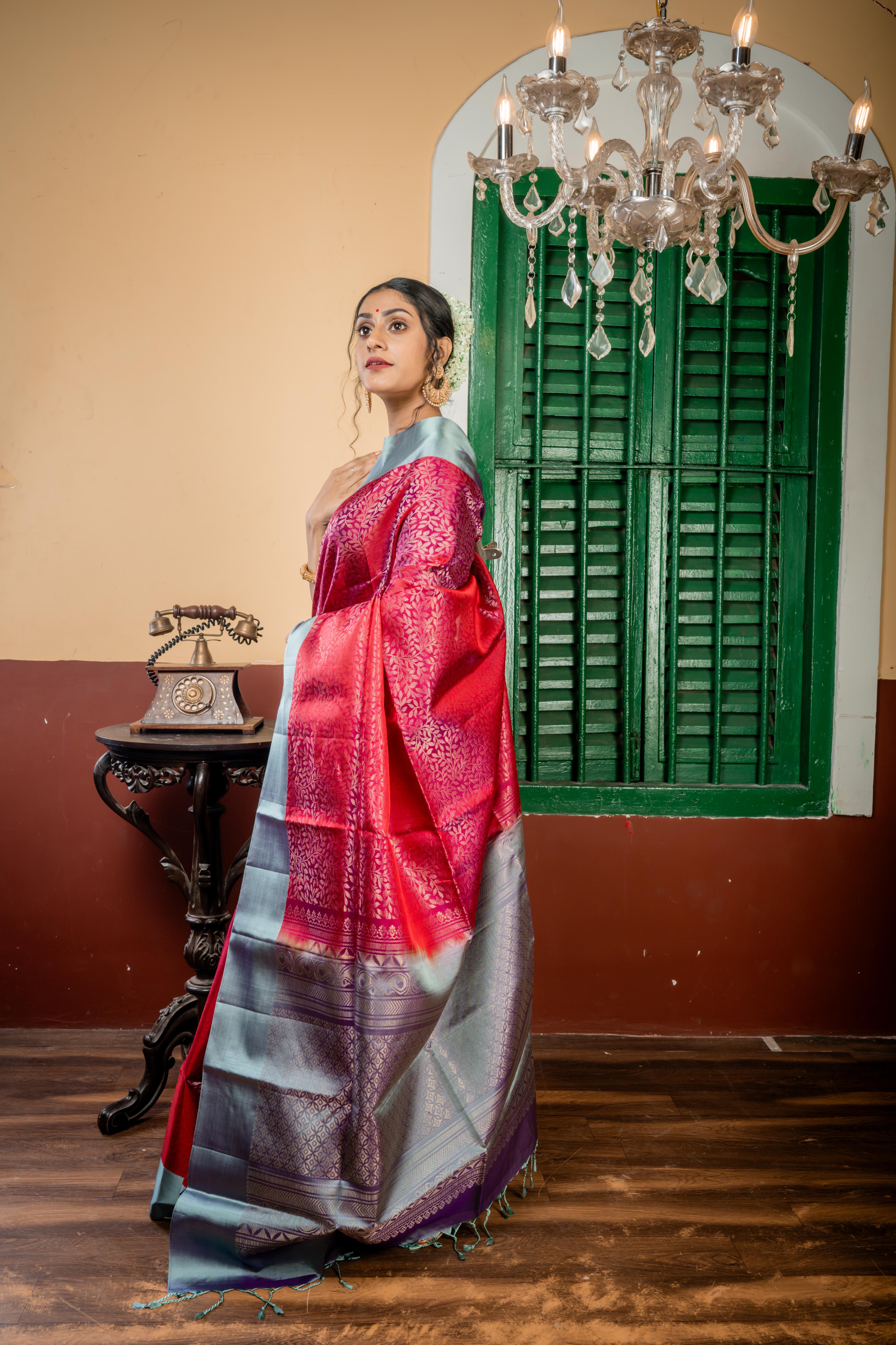 Hemlatha || Maroon & Purple dual tone Pattu Soft Silk Handloom Saree with all over Matte Gold Zari Floral Jaal, Light Slate Grey & Purple dual-tone Border and Pallu with Matte Gold Zari Traditional design