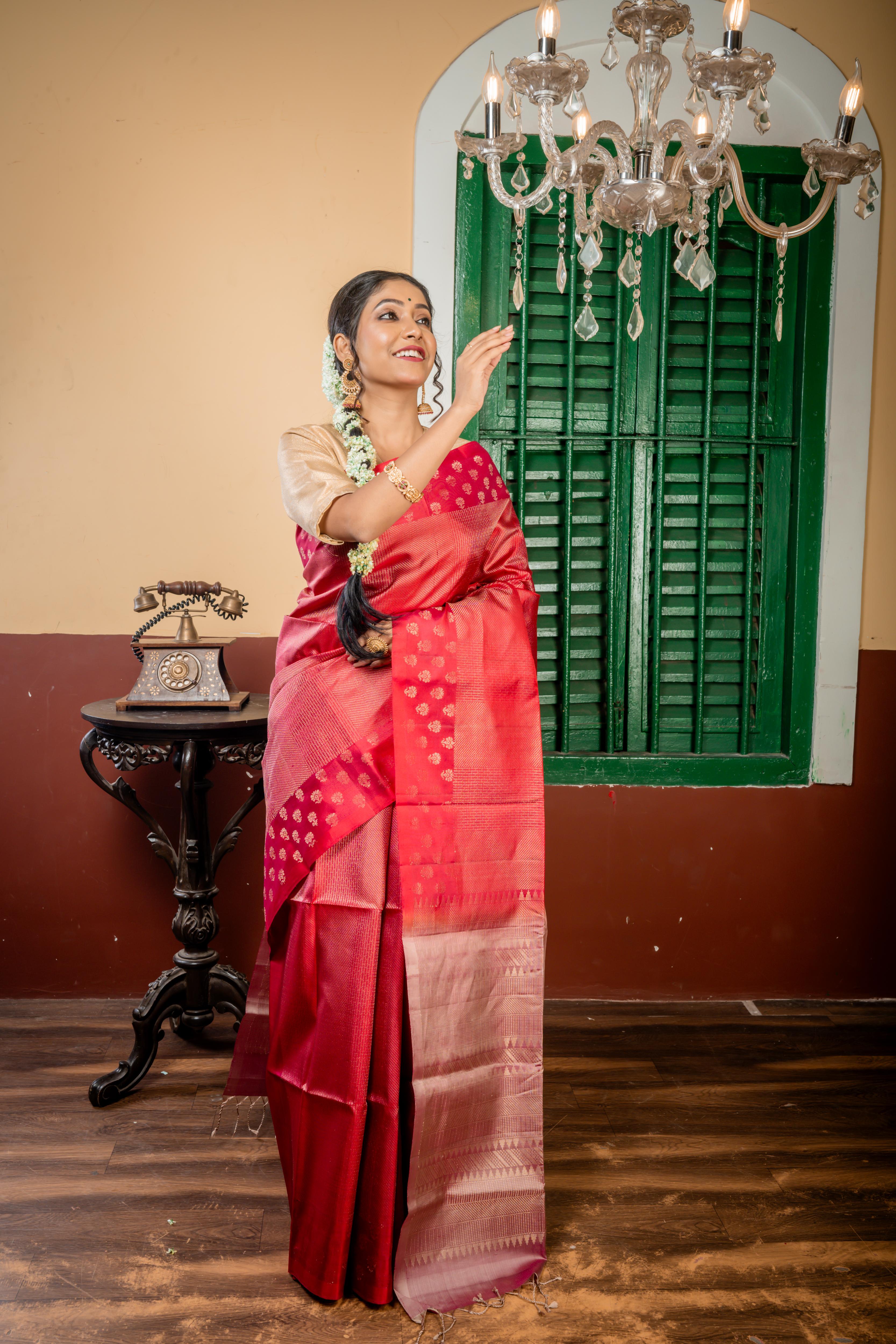 Ujjayini || Maroon & Purple dual tone Pattu Soft Silk Handloom Saree with all over Antique Gold Zari Abstract design & Traditional Buta, Smokey Taupe & Purple dual-tone Border and Pallu with Antique Gold Zari Traditional & Abstract mixed design