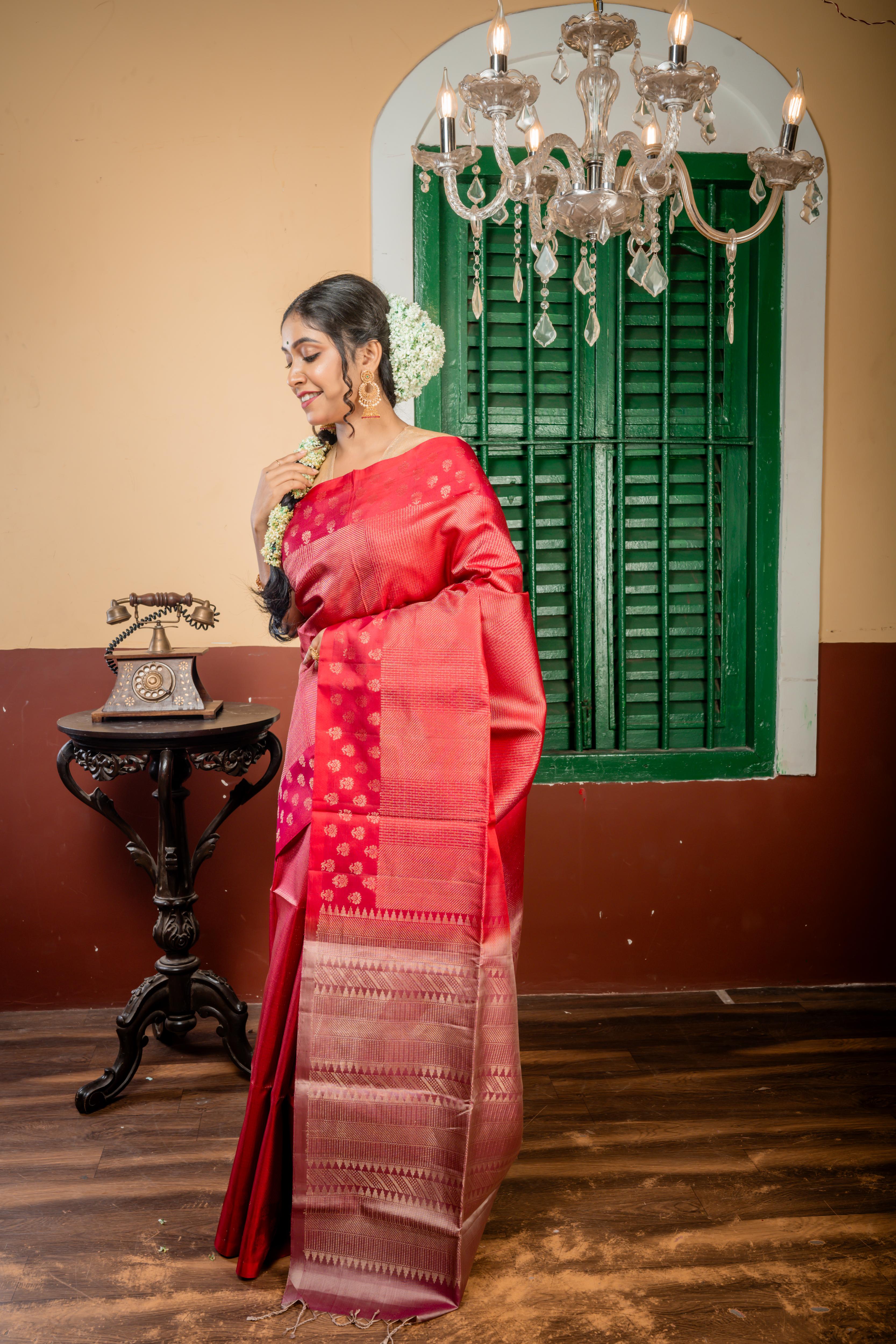 Ujjayini || Maroon & Purple dual tone Pattu Soft Silk Handloom Saree with all over Antique Gold Zari Abstract design & Traditional Buta, Smokey Taupe & Purple dual-tone Border and Pallu with Antique Gold Zari Traditional & Abstract mixed design