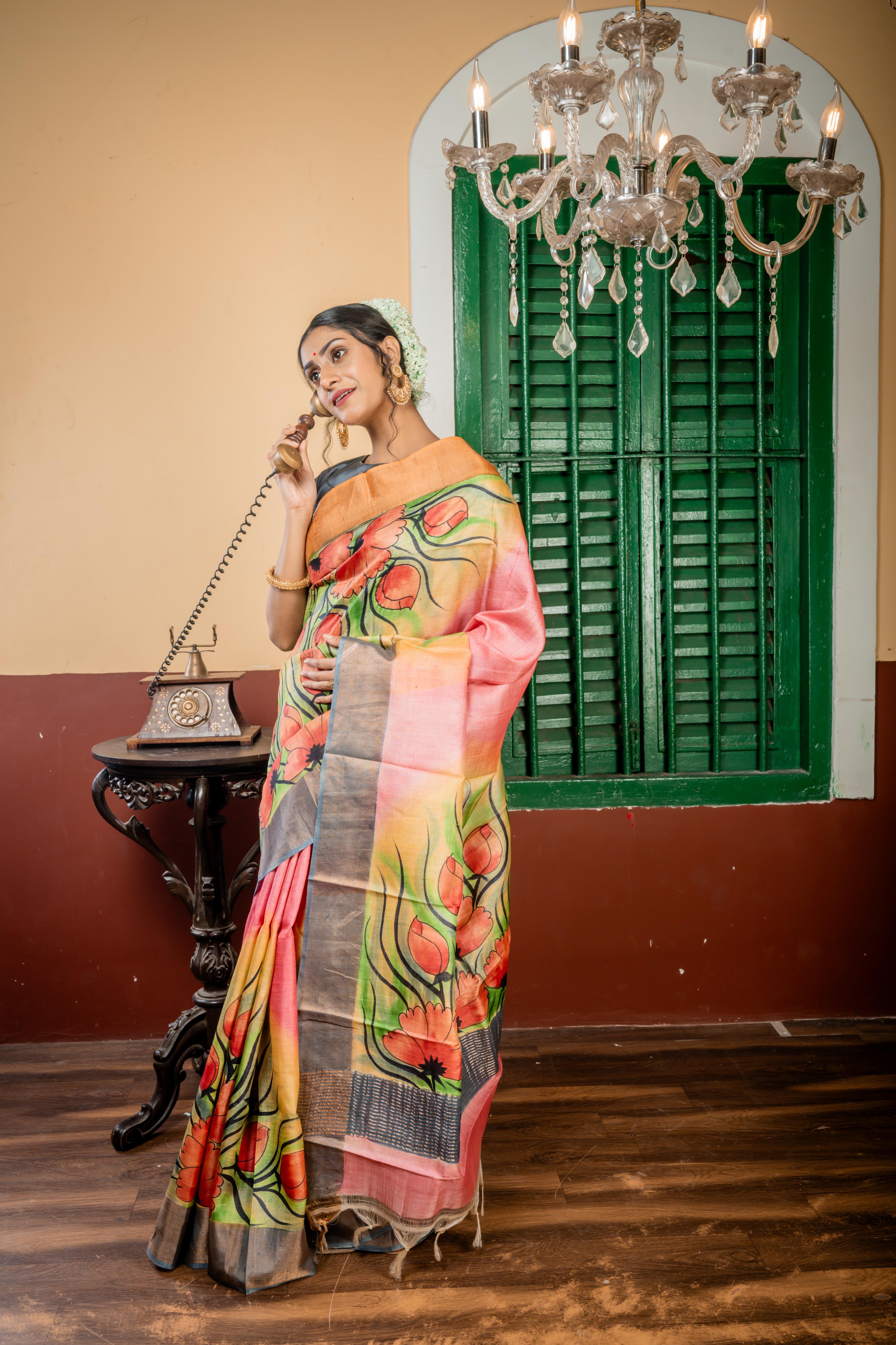 Chitrika || Light Pink & Multi-colour shaded Pure Tussar Handloom Silk Saree with Smokey Grey-Antique Gold Zari & Light Tangerine-Copper 'Ganga Jamuna' Border and Multi-colour Foral Hand Paint Body & Pallu