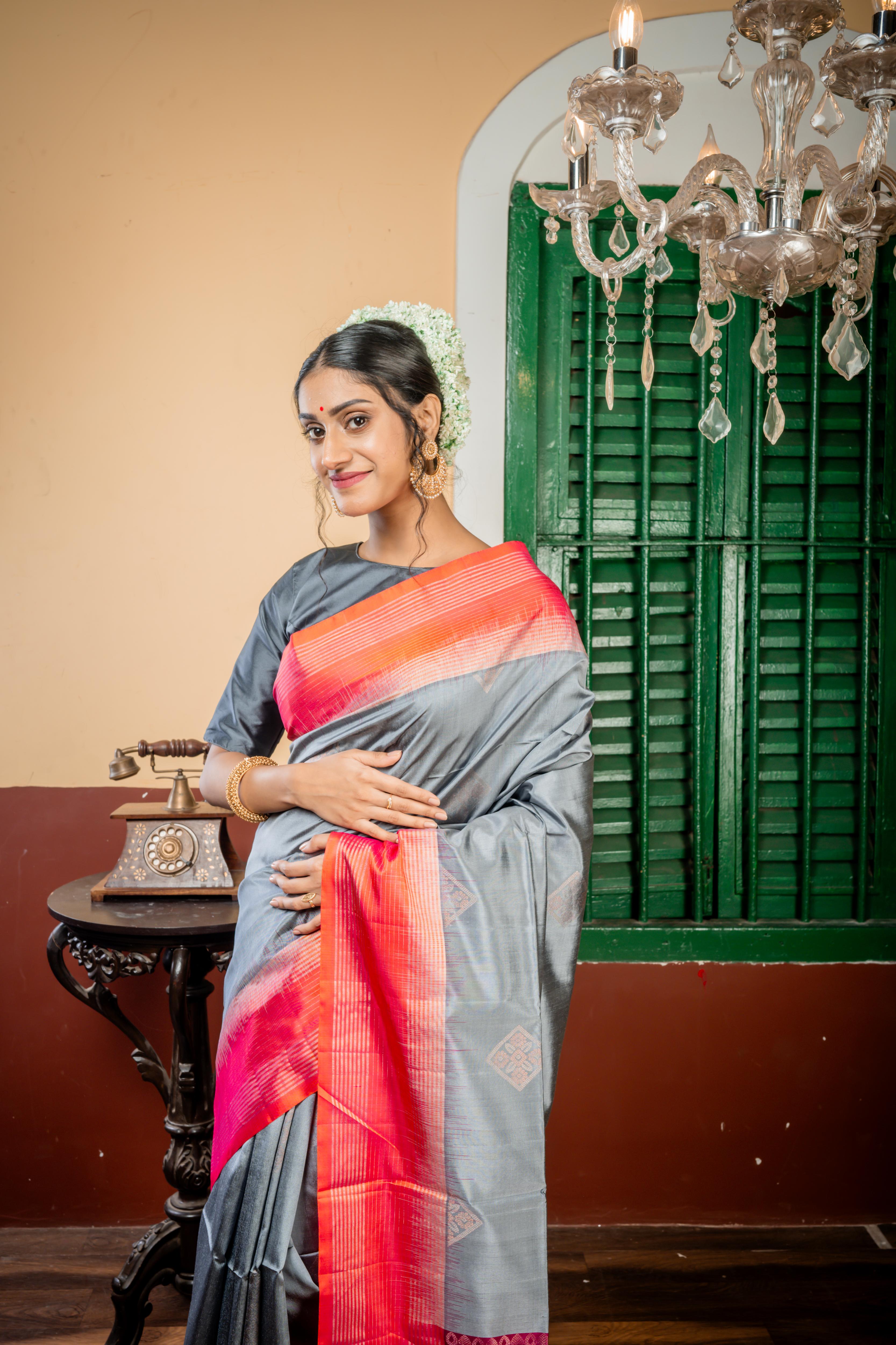 Veena || Slate Grey Pattu Soft Silk Handloom Saree with all over Antique Copper & Antique Silver Zari Traditional Buta, Magenta Pink & Orange dual-tone Border and Pallu with Antique Copper & Antique Silver Zari Traditional design