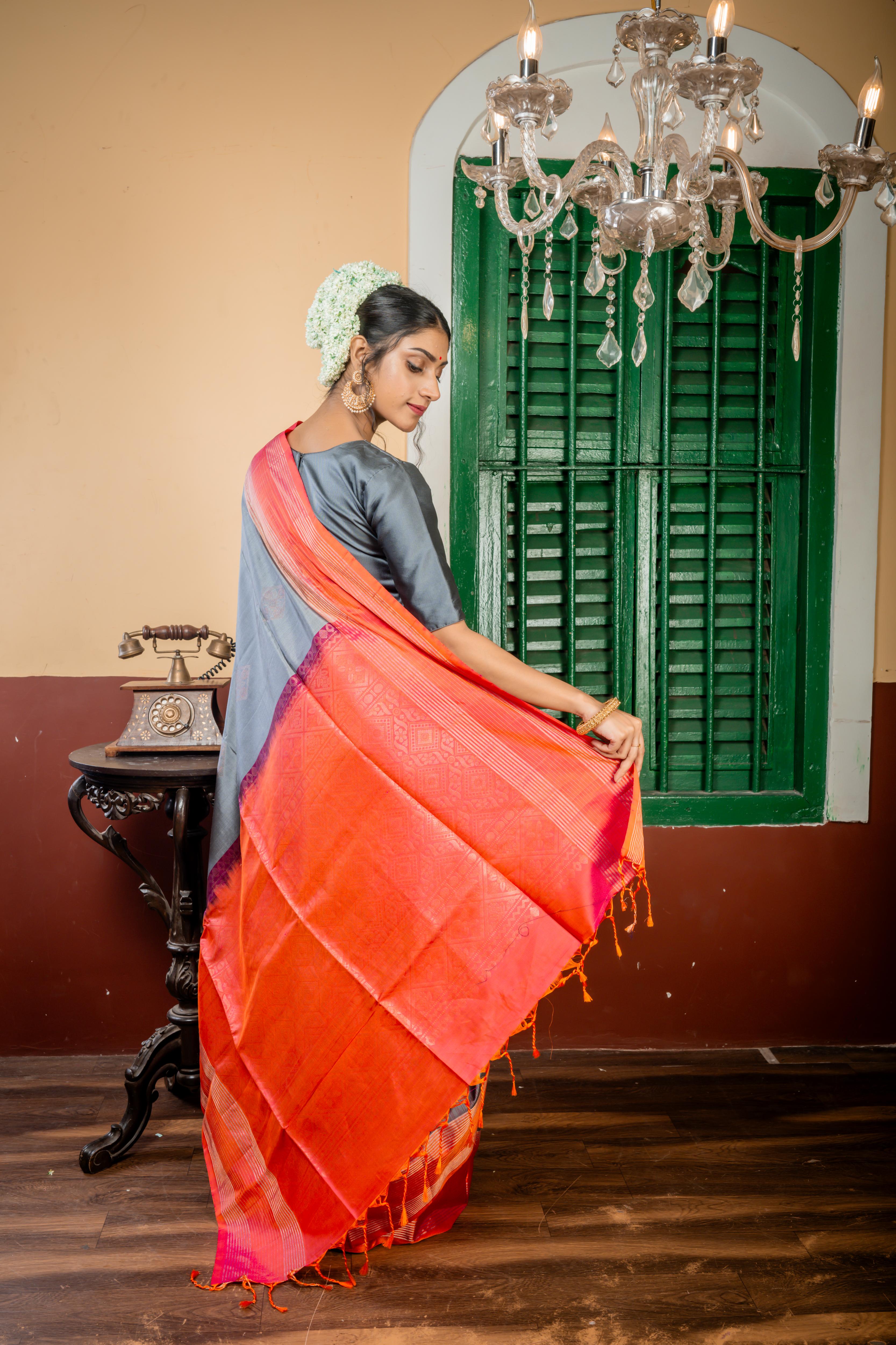 Veena || Slate Grey Pattu Soft Silk Handloom Saree with all over Antique Copper & Antique Silver Zari Traditional Buta, Magenta Pink & Orange dual-tone Border and Pallu with Antique Copper & Antique Silver Zari Traditional design