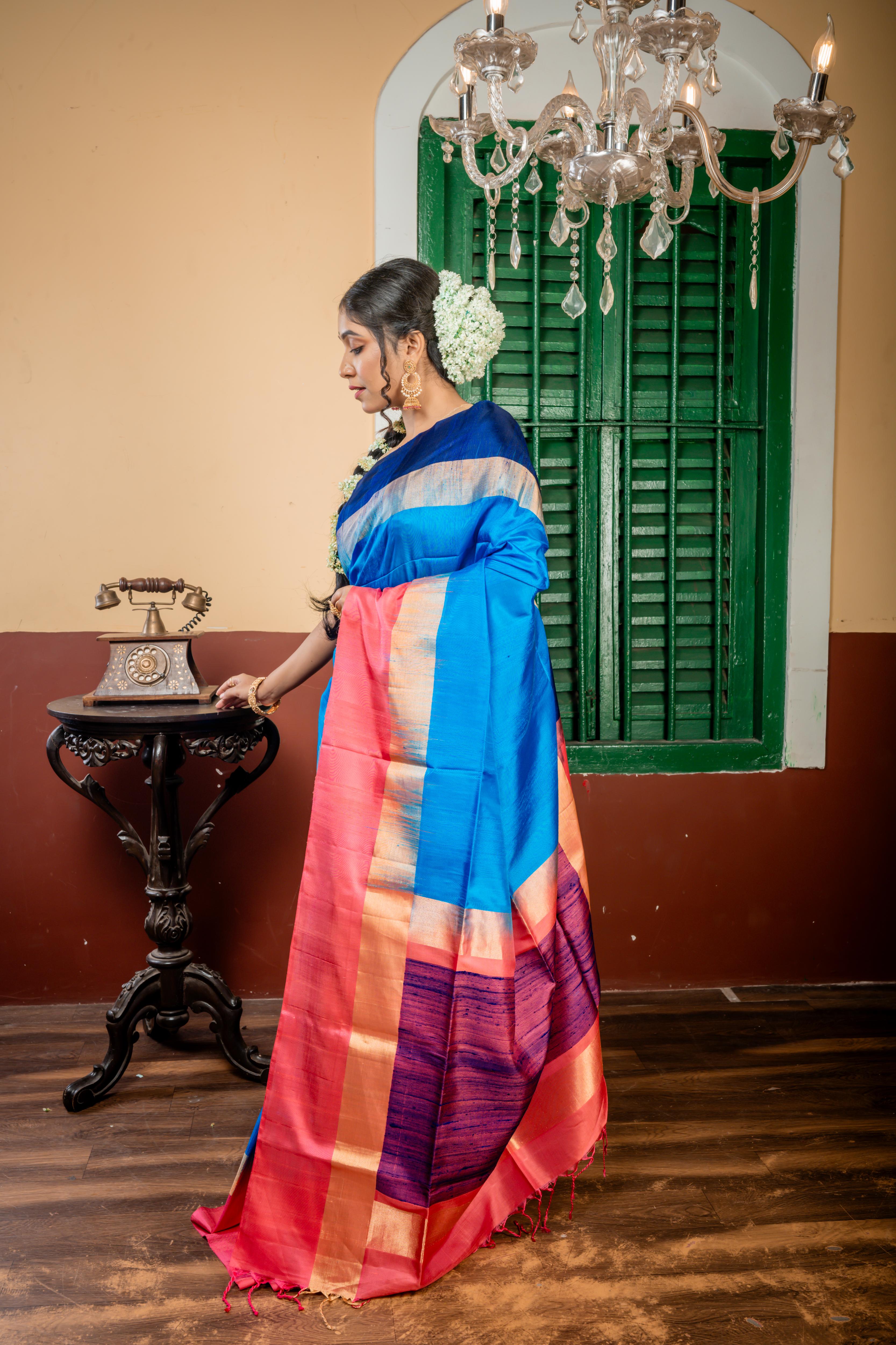 Vijitha || Cobalt Blue Pattu Soft Silk Handloom Saree with Plain body and Antique Gold Zari, Blush Pink & Midnight Blue 'Ganga Jamuna' broad Plain Border & Pallu with Handwoven Resham highlights
