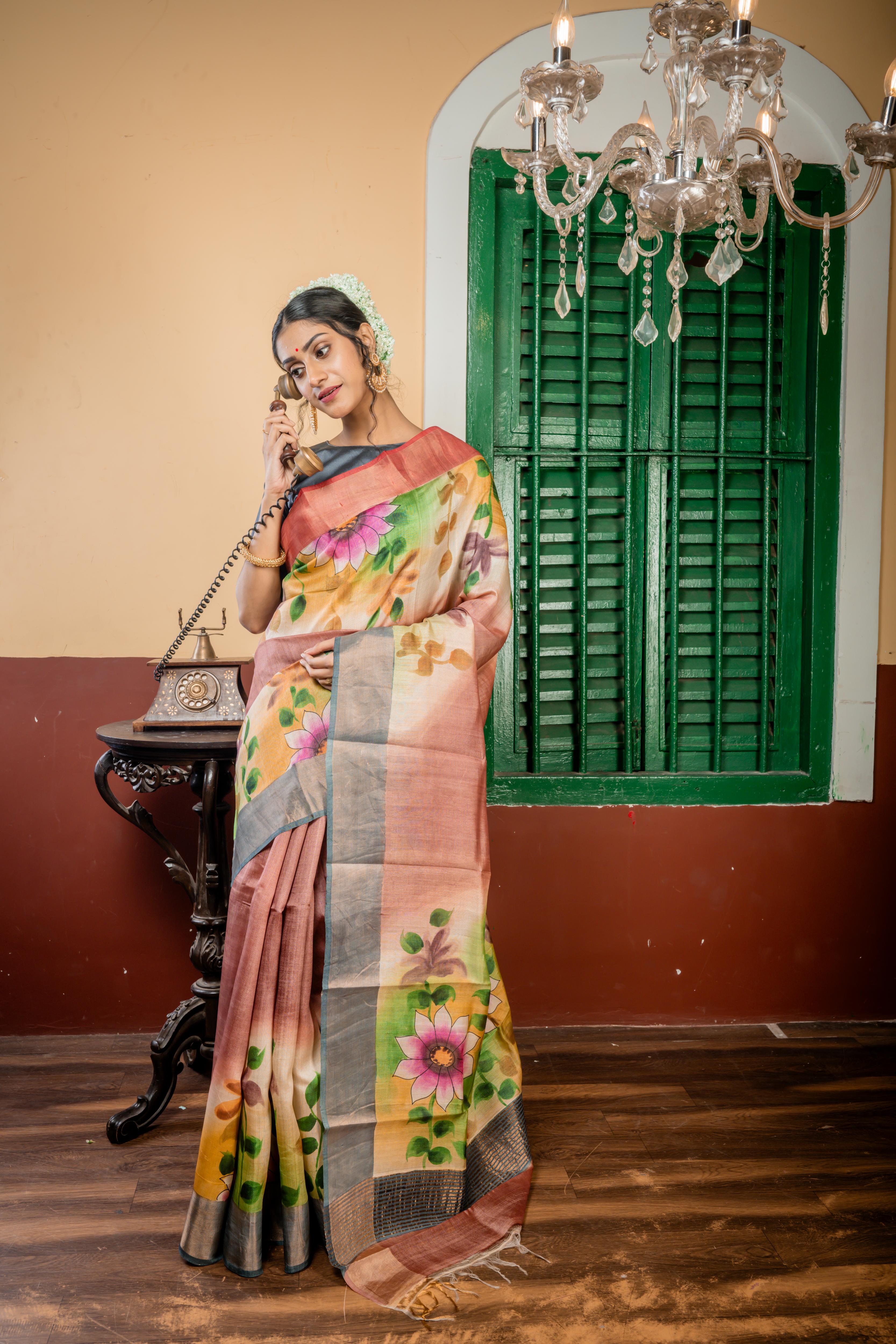 Alekhya || Rose Taupe & Multi-colour shaded Pure Tussar Handloom Silk Saree with Smokey Grey-Copper Zari & Dark Dusty Pink-Copper Zari 'Ganga Jamuna' Border and Multi-colour Foral Hand Paint Body & Pallu