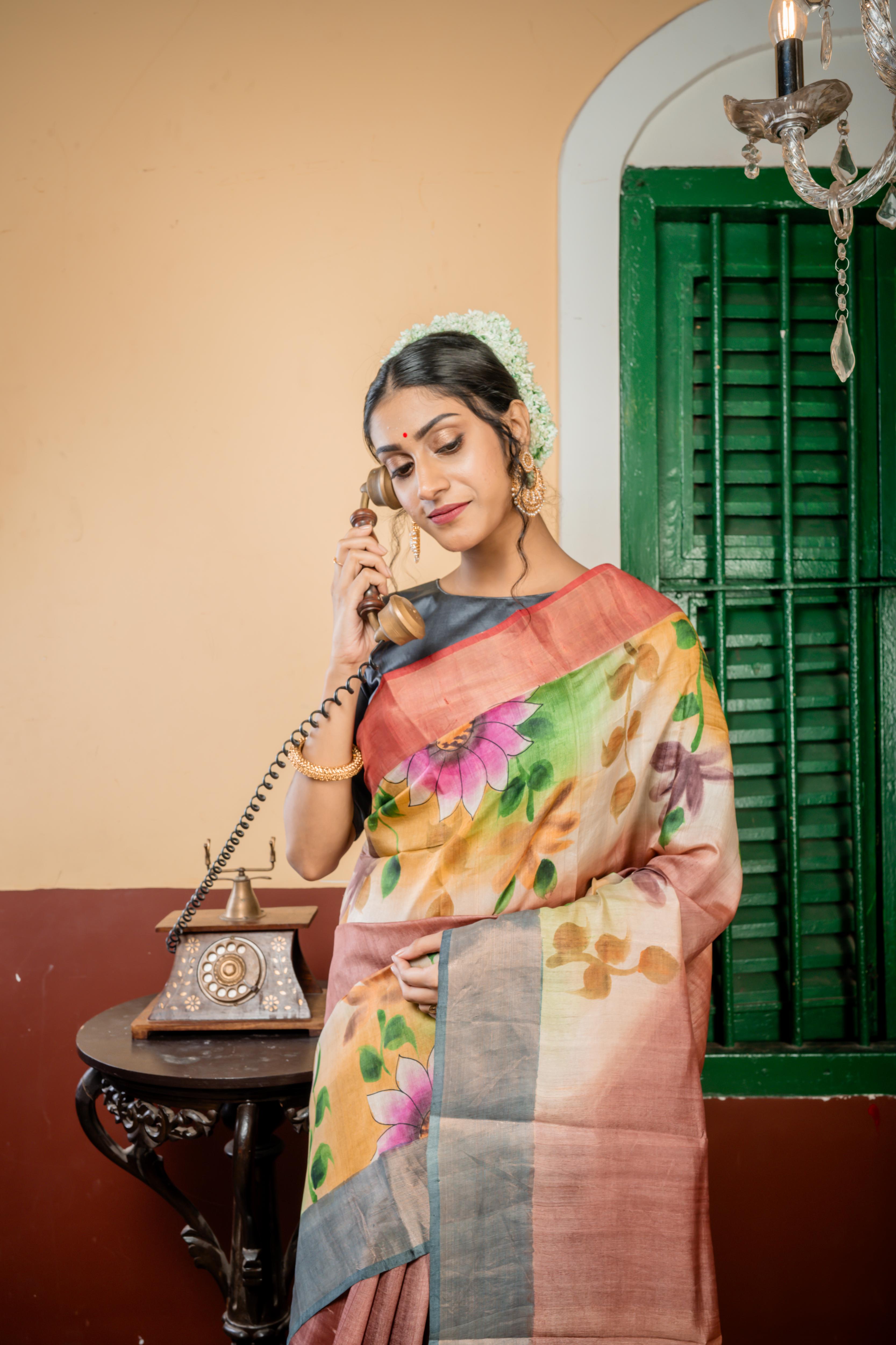 Alekhya || Rose Taupe & Multi-colour shaded Pure Tussar Handloom Silk Saree with Smokey Grey-Copper Zari & Dark Dusty Pink-Copper Zari 'Ganga Jamuna' Border and Multi-colour Foral Hand Paint Body & Pallu
