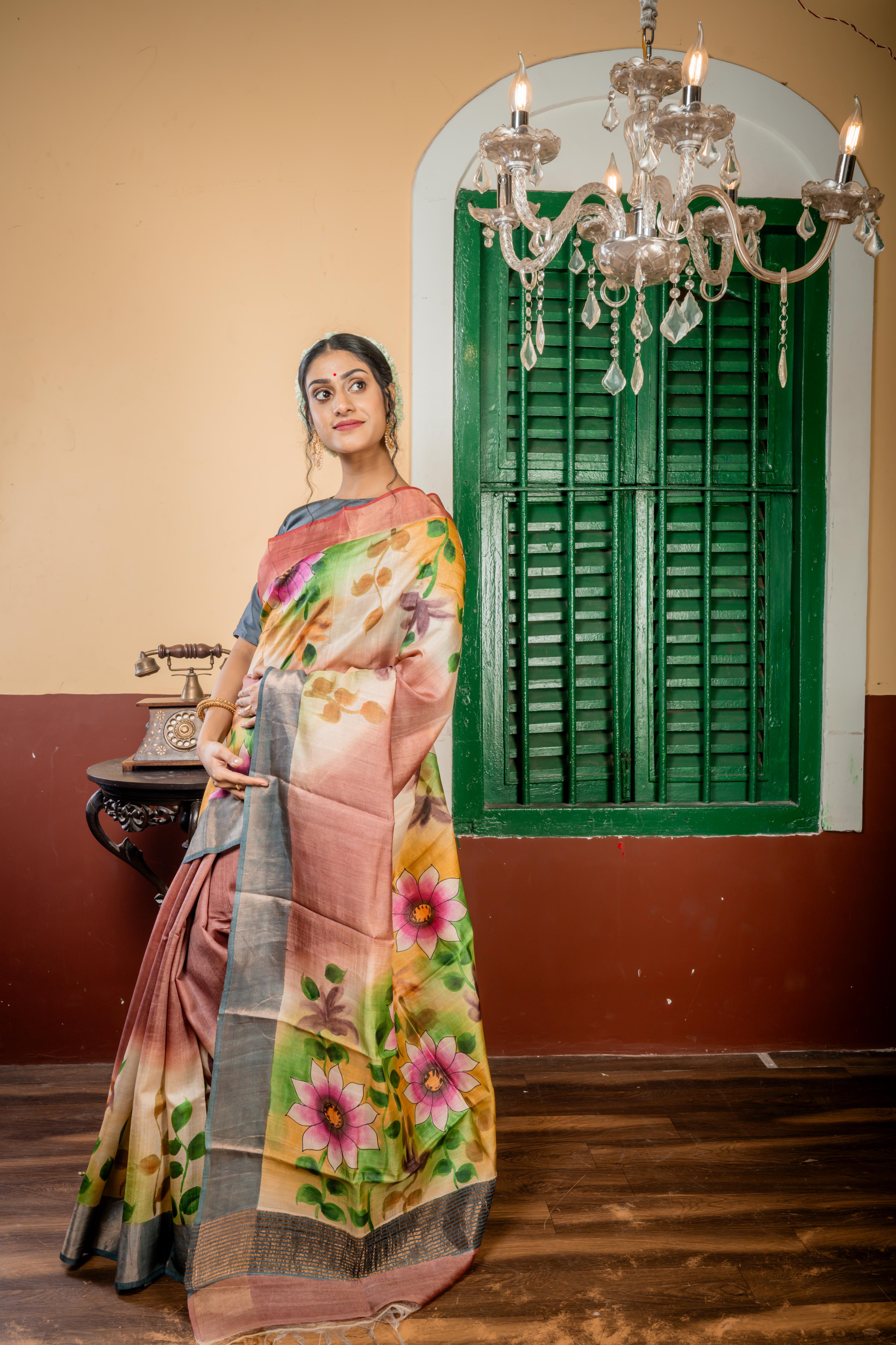 Alekhya || Rose Taupe & Multi-colour shaded Pure Tussar Handloom Silk Saree with Smokey Grey-Copper Zari & Dark Dusty Pink-Copper Zari 'Ganga Jamuna' Border and Multi-colour Foral Hand Paint Body & Pallu