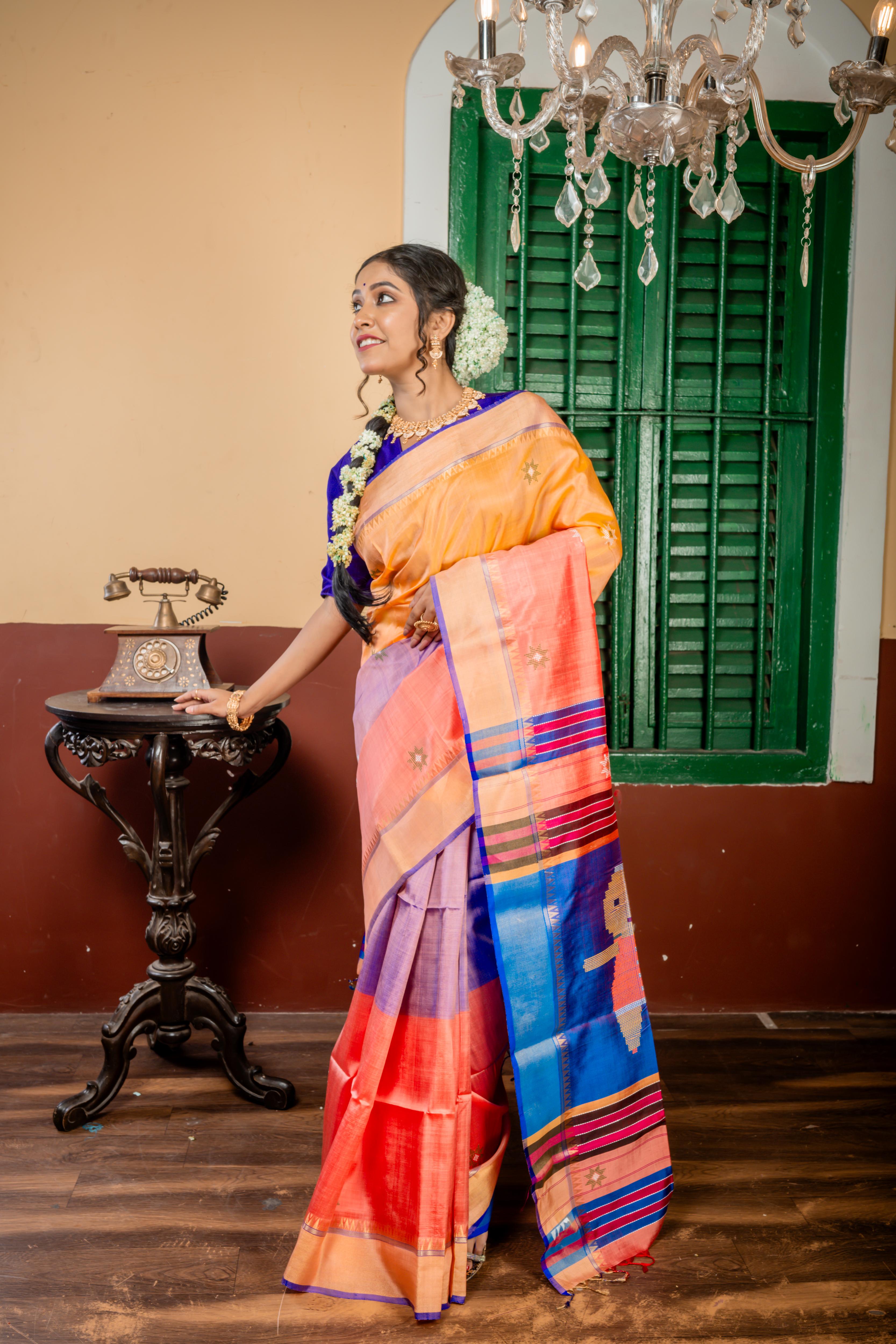 Panchali || Peach, Violet & Watermelon Pink 3D Colour Block and Golden Yellow dual tone Pure Bishnupuri Katan Handloom 'Kalakshetra' Embroidery Saree with all over Multi-colour Buta and Stripe & 'Tribal Doll' motif Pallu