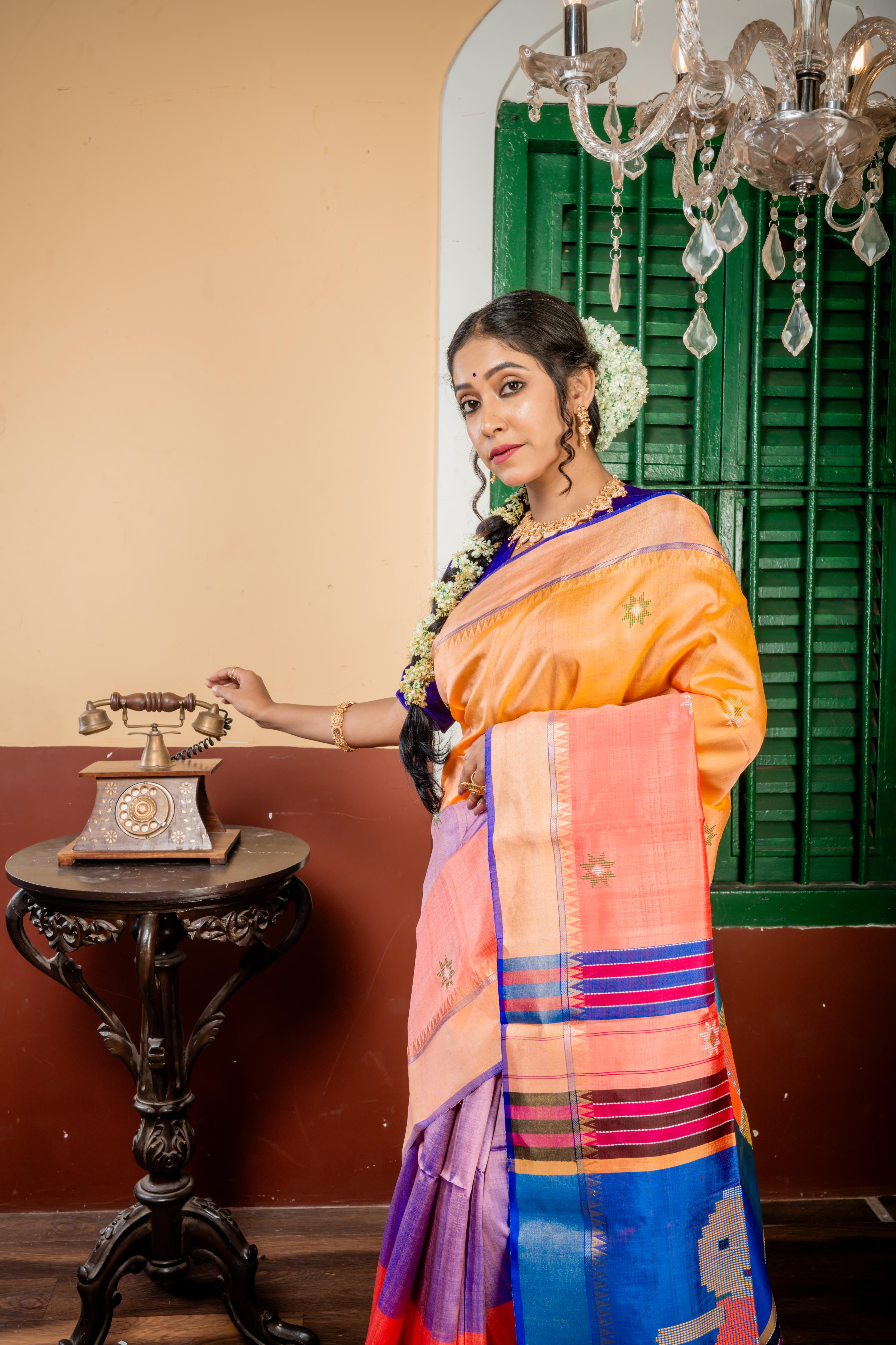 Panchali || Peach, Violet & Watermelon Pink 3D Colour Block and Golden Yellow dual tone Pure Bishnupuri Katan Handloom 'Kalakshetra' Embroidery Saree with all over Multi-colour Buta and Stripe & 'Tribal Doll' motif Pallu