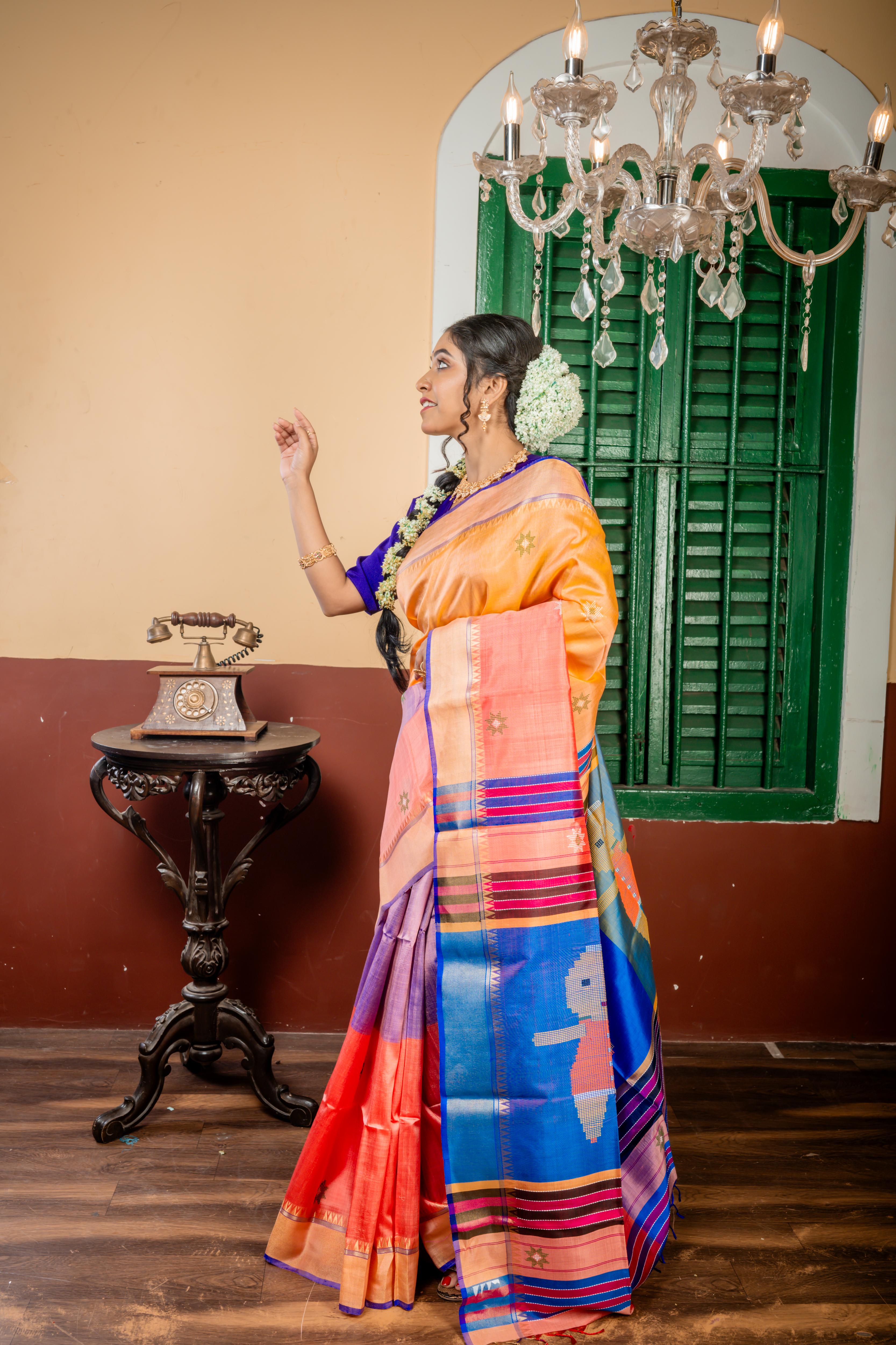 Panchali || Peach, Violet & Watermelon Pink 3D Colour Block and Golden Yellow dual tone Pure Bishnupuri Katan Handloom 'Kalakshetra' Embroidery Saree with all over Multi-colour Buta and Stripe & 'Tribal Doll' motif Pallu