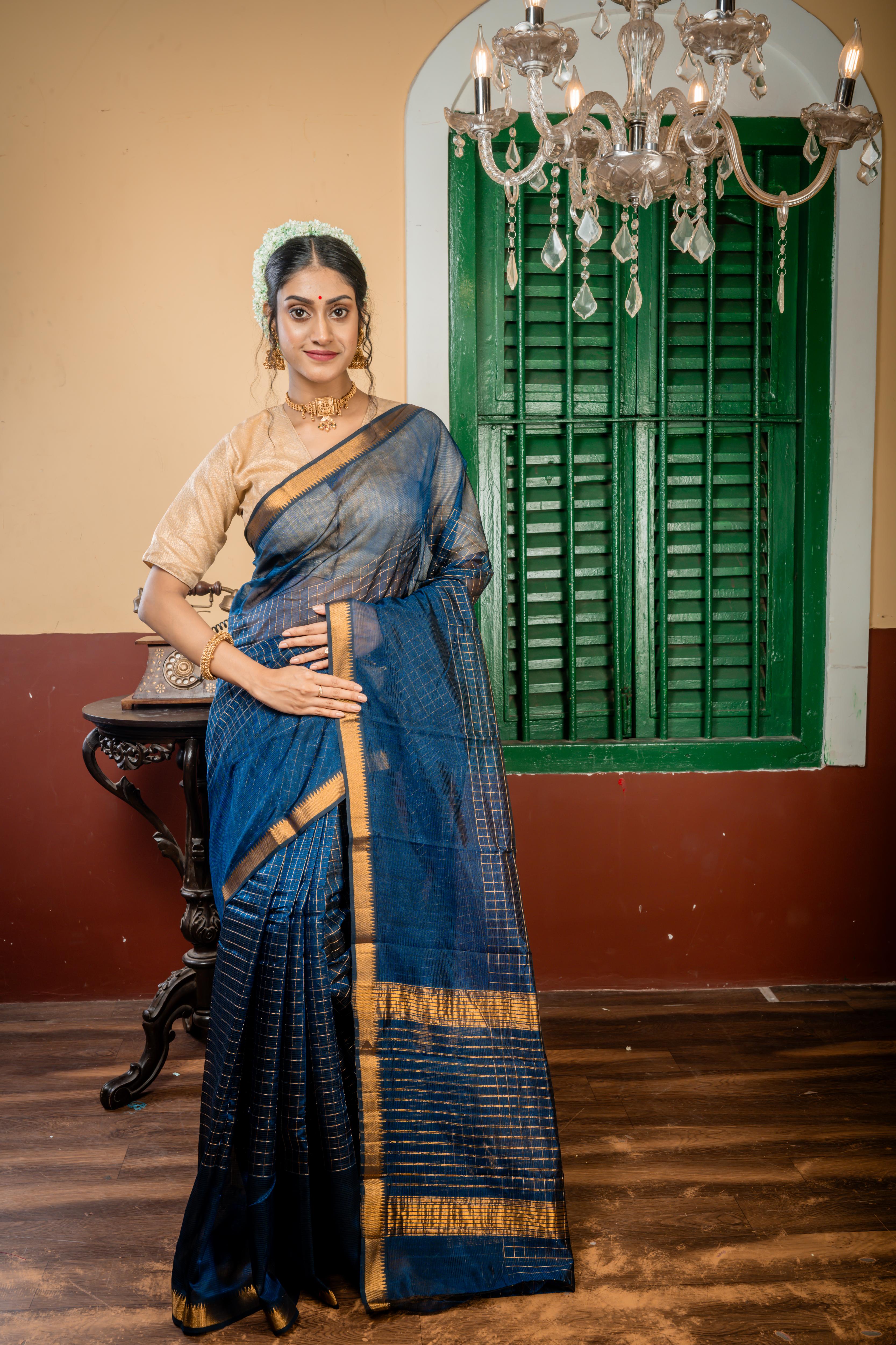 Leepakshi || Dark Peacock Blue & Black Resham Striped Cotton Mangalgiri with all over Antique Gold Zari Checks, Traditional Border & Pallu with Stripe & Checks