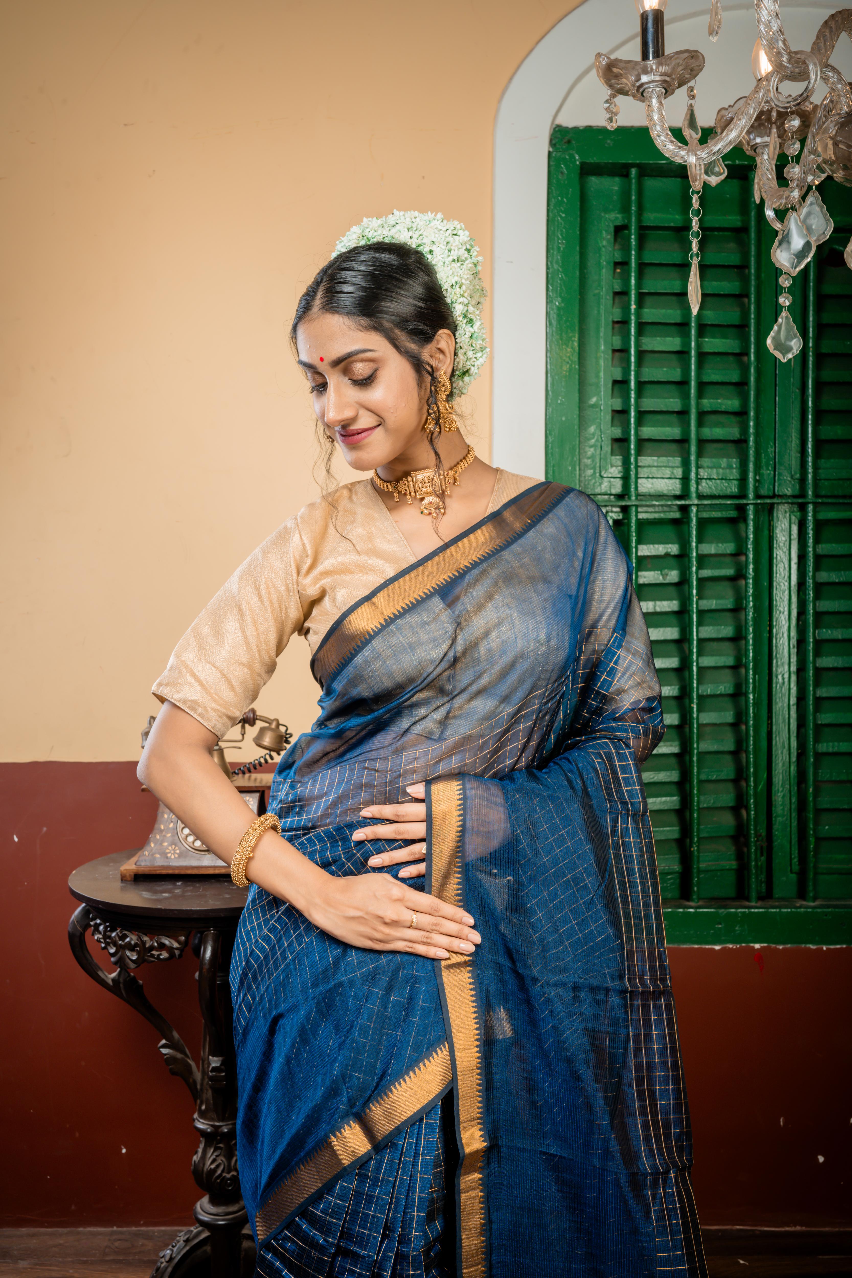 Leepakshi || Dark Peacock Blue & Black Resham Striped Cotton Mangalgiri with all over Antique Gold Zari Checks, Traditional Border & Pallu with Stripe & Checks