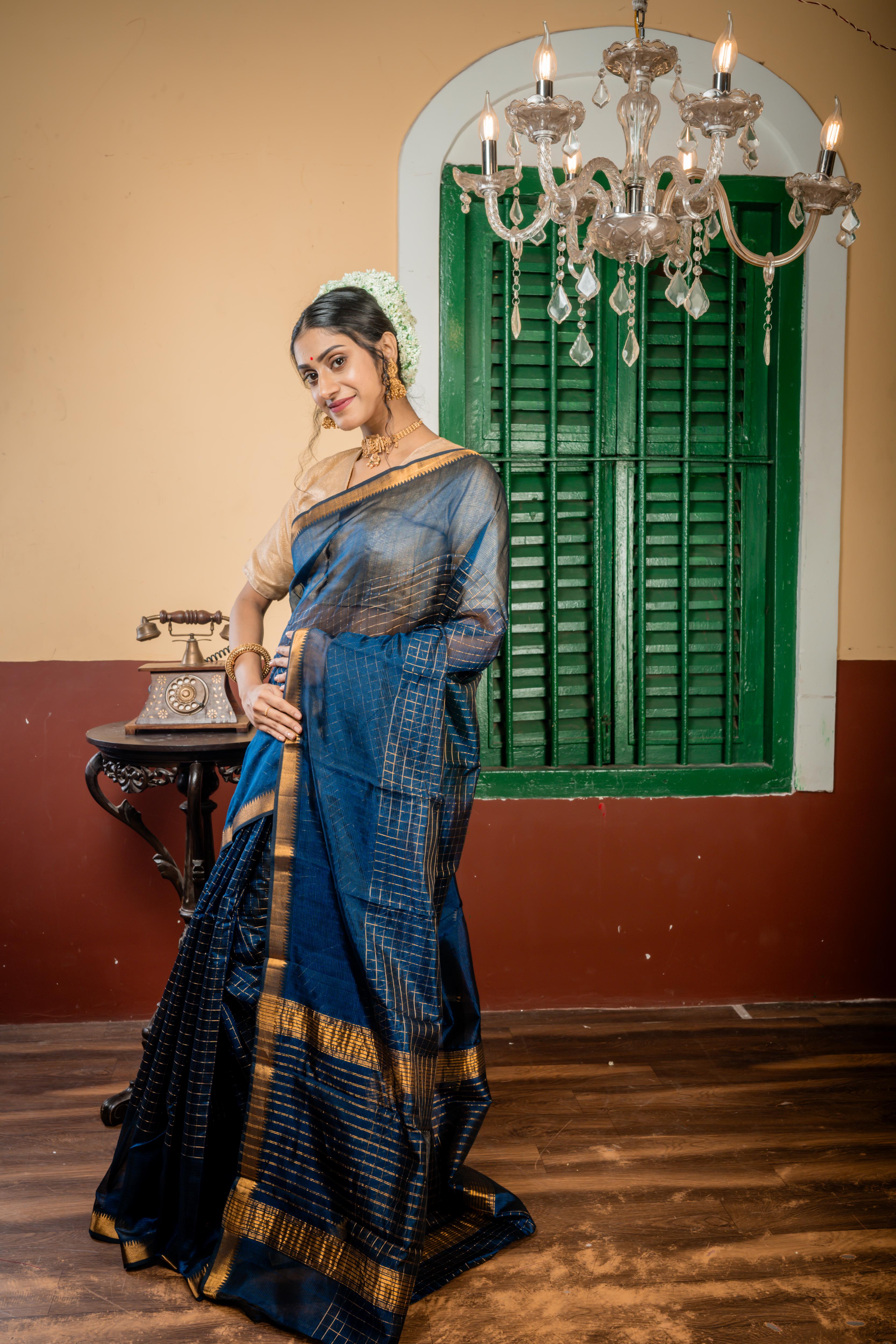 Leepakshi || Dark Peacock Blue & Black Resham Striped Cotton Mangalgiri with all over Antique Gold Zari Checks, Traditional Border & Pallu with Stripe & Checks