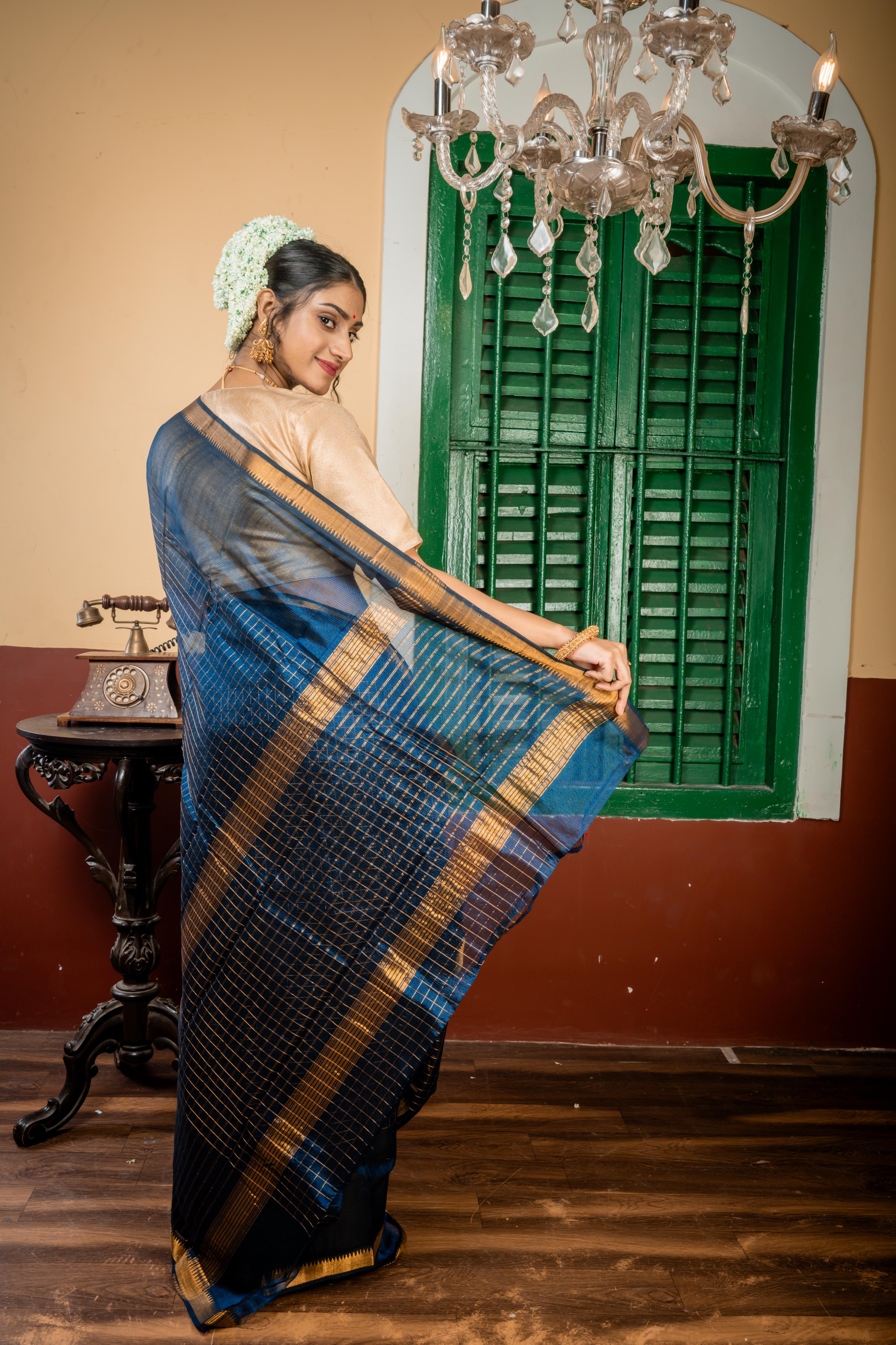 Leepakshi || Dark Peacock Blue & Black Resham Striped Cotton Mangalgiri with all over Antique Gold Zari Checks, Traditional Border & Pallu with Stripe & Checks