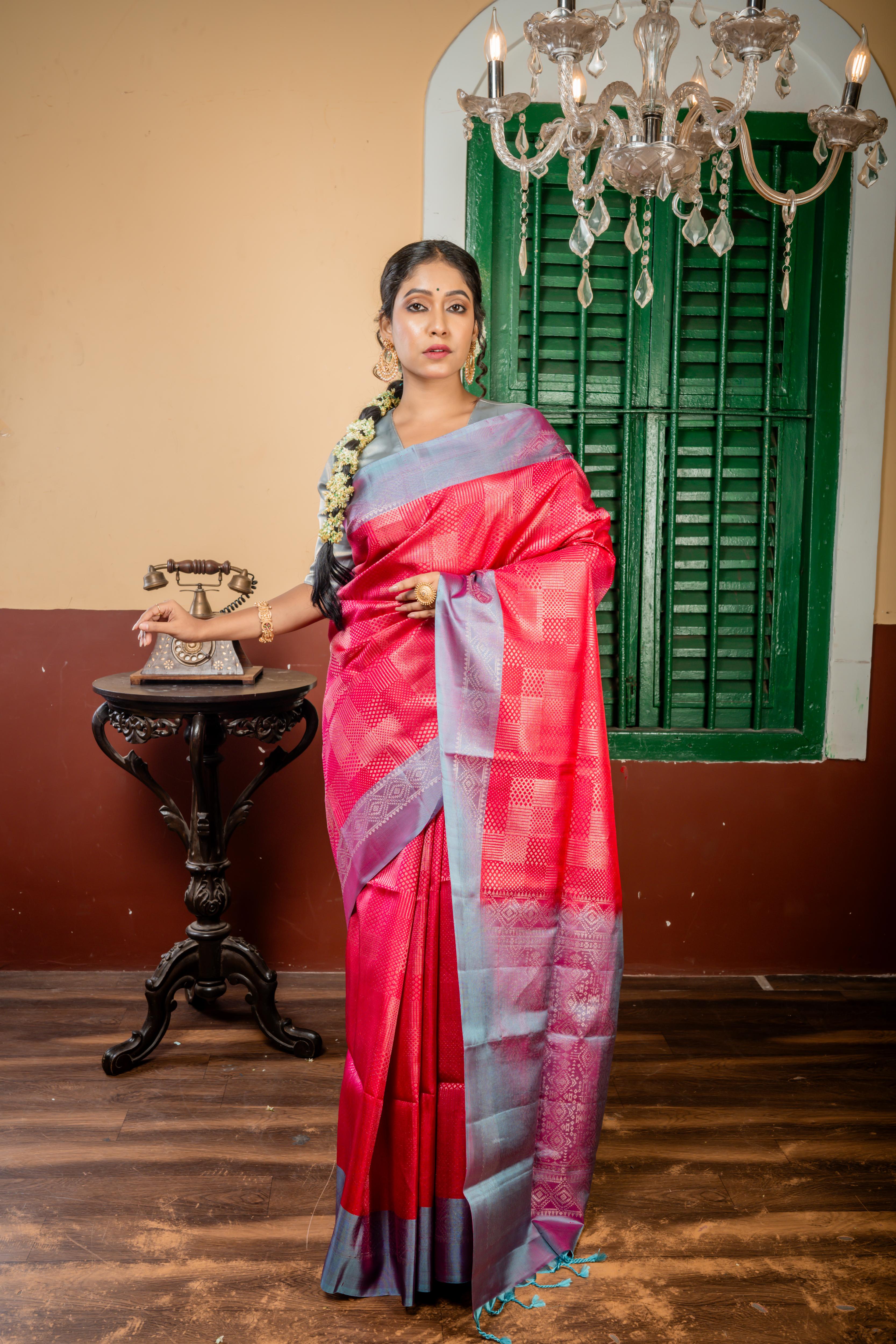 Kusumlata || Beetroot Red & Purple dual tone Pattu Soft Silk Handloom Saree with all over Matte Silver Zari Abstract design, Light Dusty Blue & Purple dual-tone Border and Pallu with Matte Silver Zari Traditional design || BB-DM1|7B