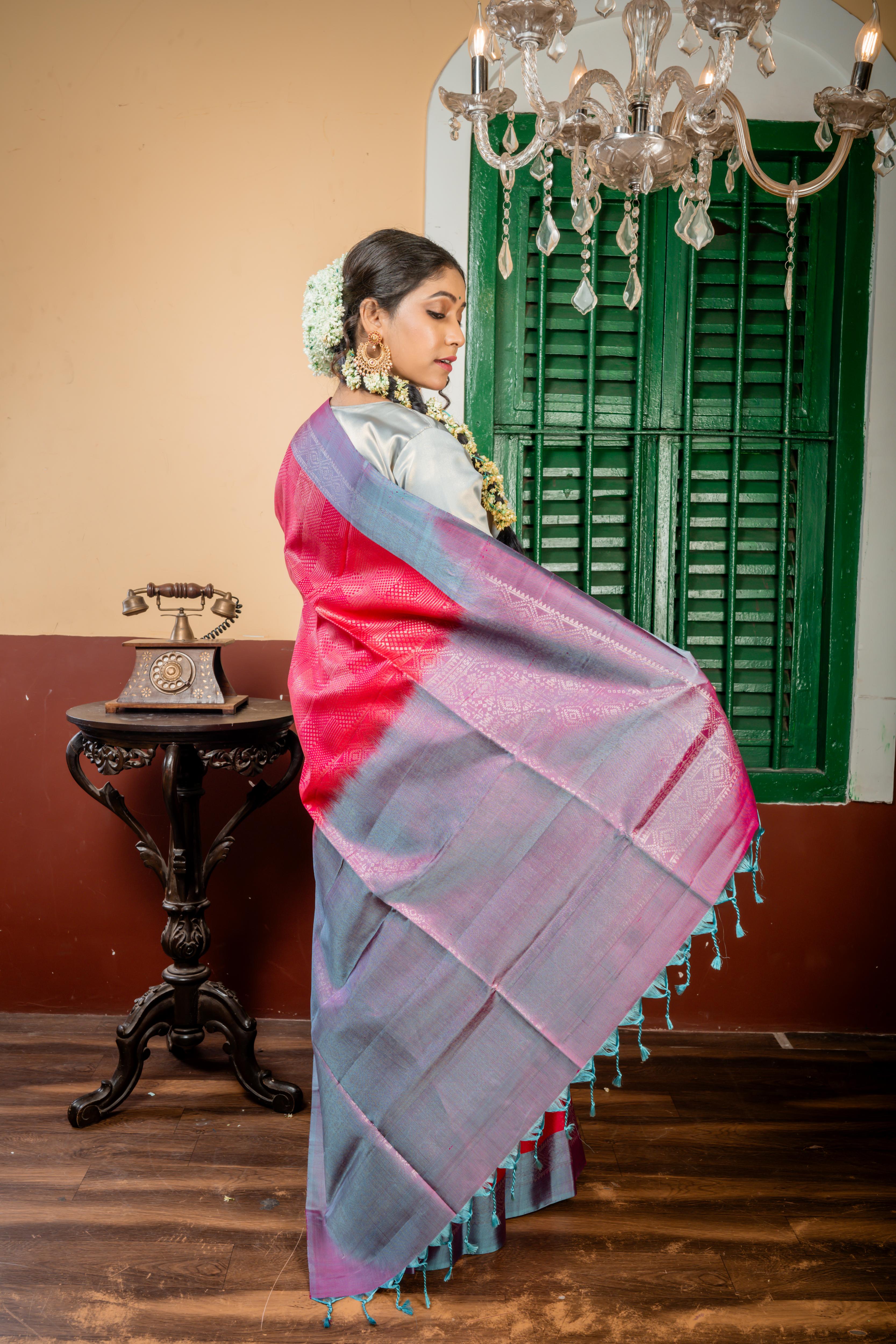 Kusumlata || Beetroot Red & Purple dual tone Pattu Soft Silk Handloom Saree with all over Matte Silver Zari Abstract design, Light Dusty Blue & Purple dual-tone Border and Pallu with Matte Silver Zari Traditional design || BB-DM1|7B