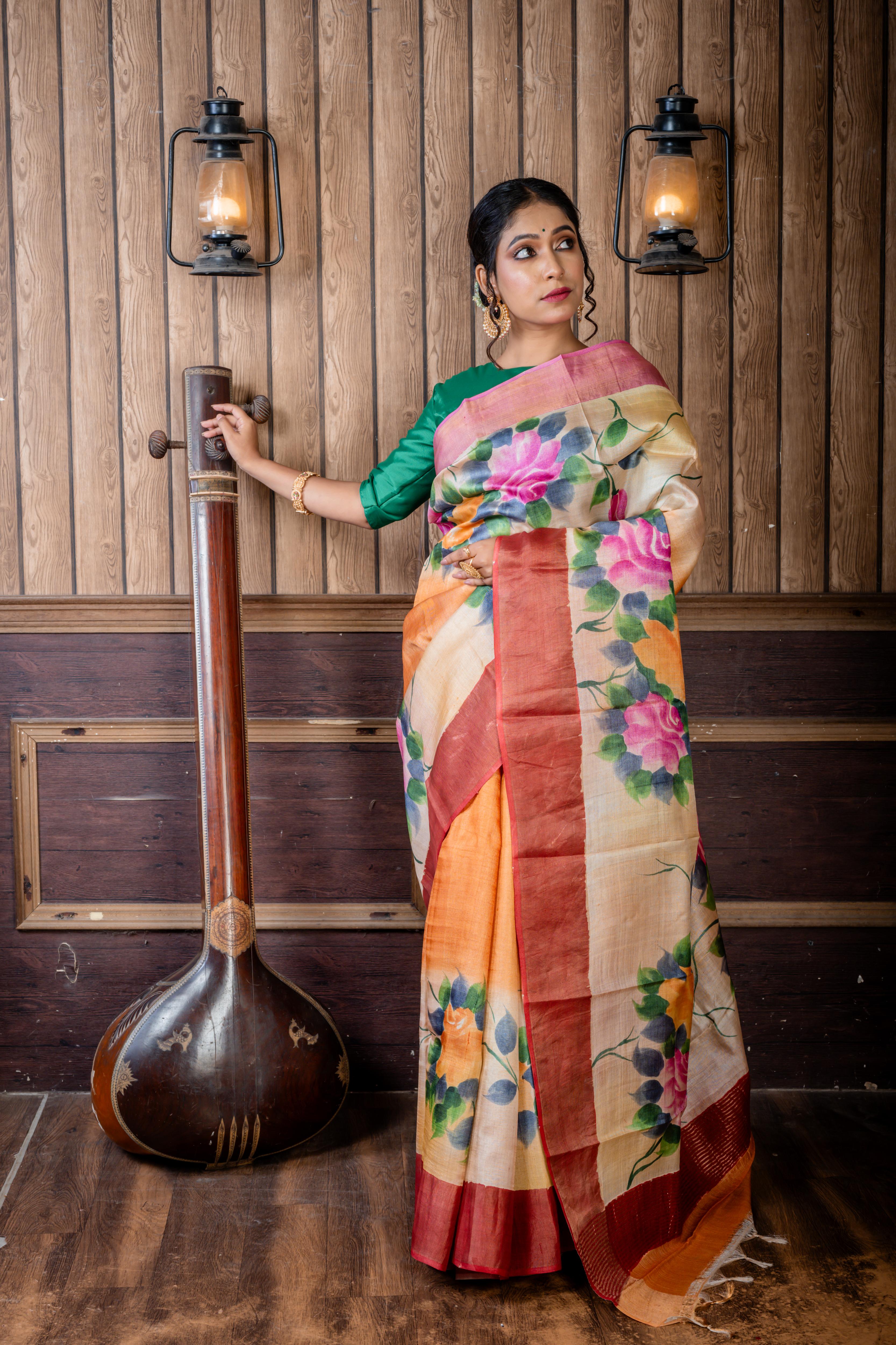 Shilpi || Apricot Brown & Multi-colour shaded Pure Tussar Handloom Silk Saree with Onion Pink-Gold Zari & Dark Dusty Pink-Copper Zari 'Ganga Jamuna' Border and Multi-colour Foral Hand Paint Body & Pallu