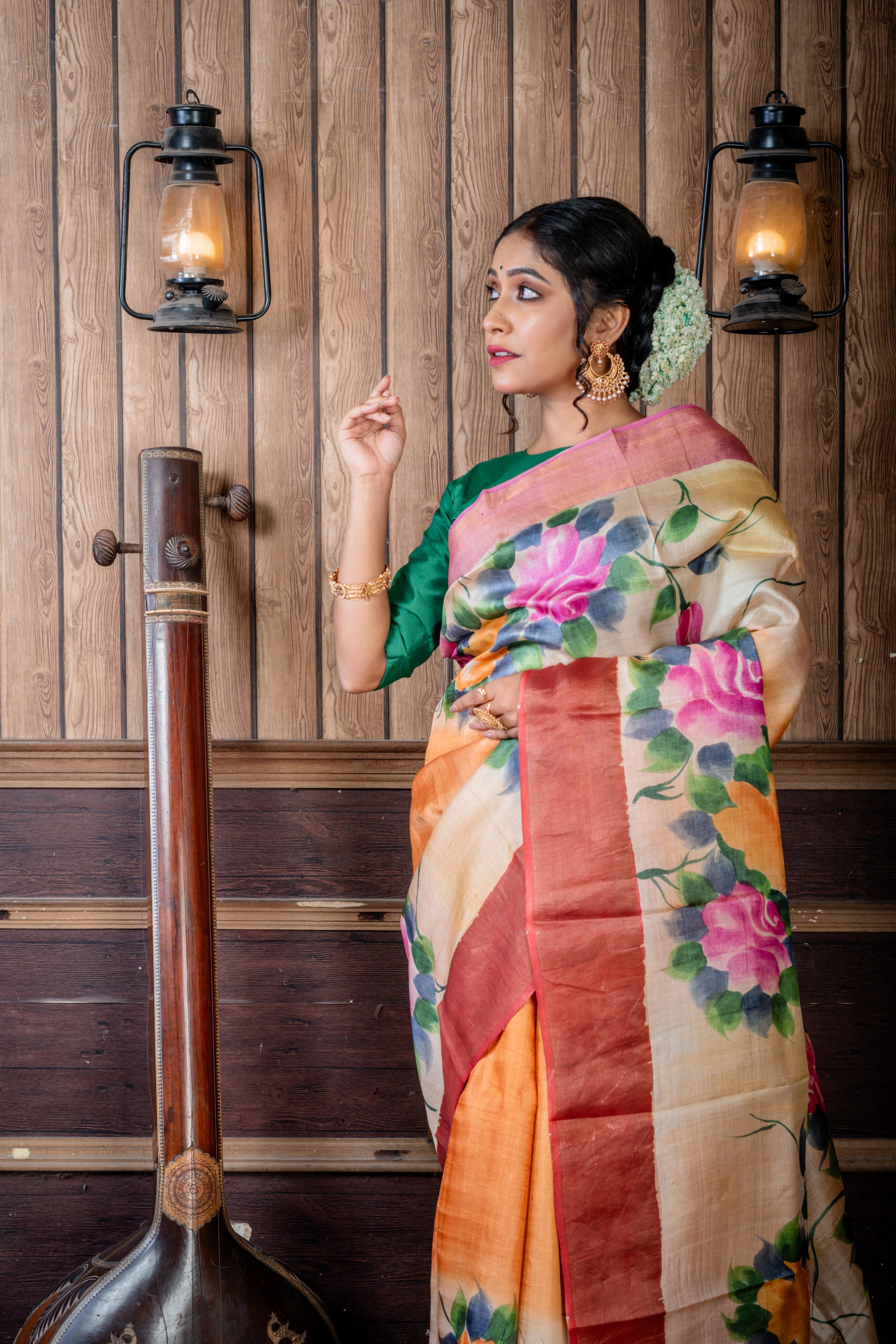 Shilpi || Apricot Brown & Multi-colour shaded Pure Tussar Handloom Silk Saree with Onion Pink-Gold Zari & Dark Dusty Pink-Copper Zari 'Ganga Jamuna' Border and Multi-colour Foral Hand Paint Body & Pallu