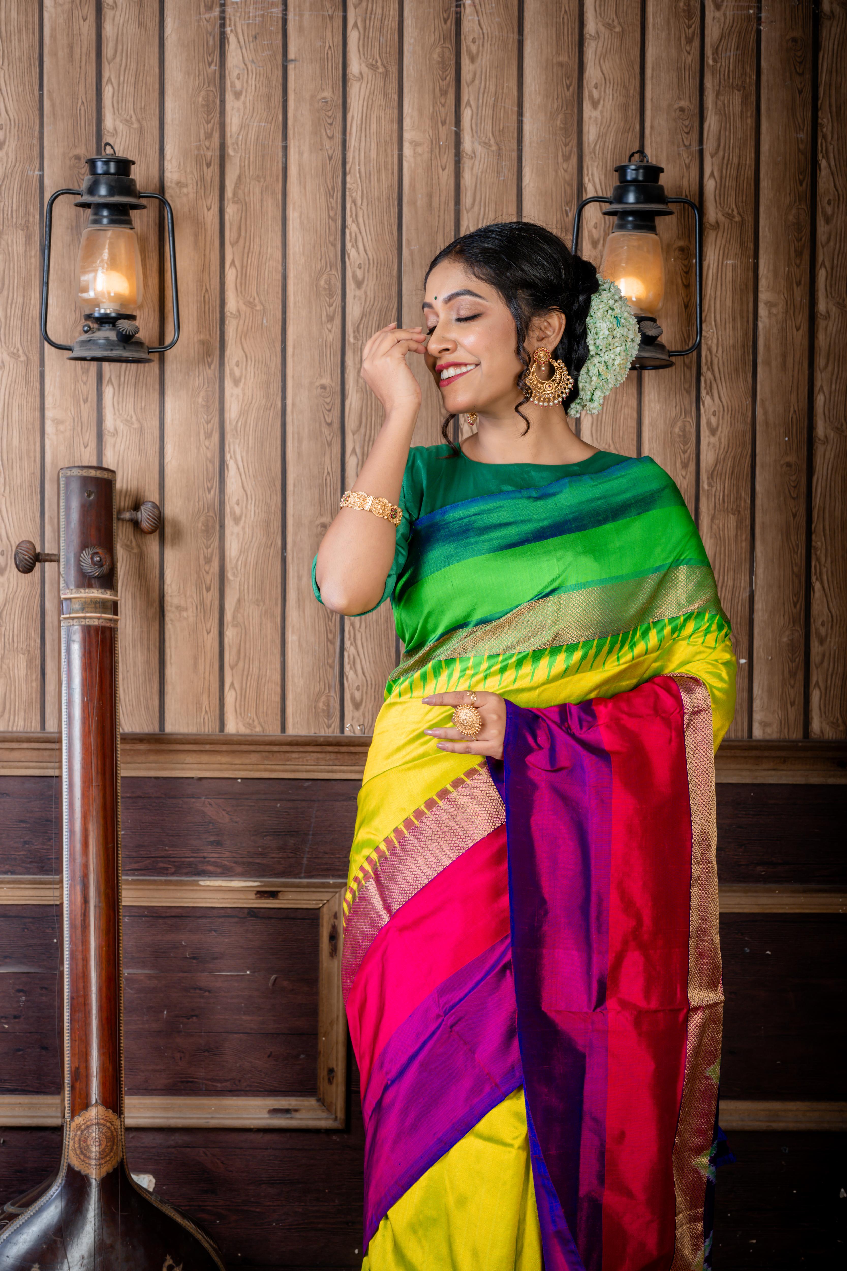 Vanalakshmi || Parrot Green Pure Pochampally Silk Handloom Saree with Plain Body, Light with Dark Green & Matte Gold Zari and Magenta with Purple & Antique Gold Zari 'Ganga-Jamuna' Temple Border; and Purple 3D Ikkat Pallu