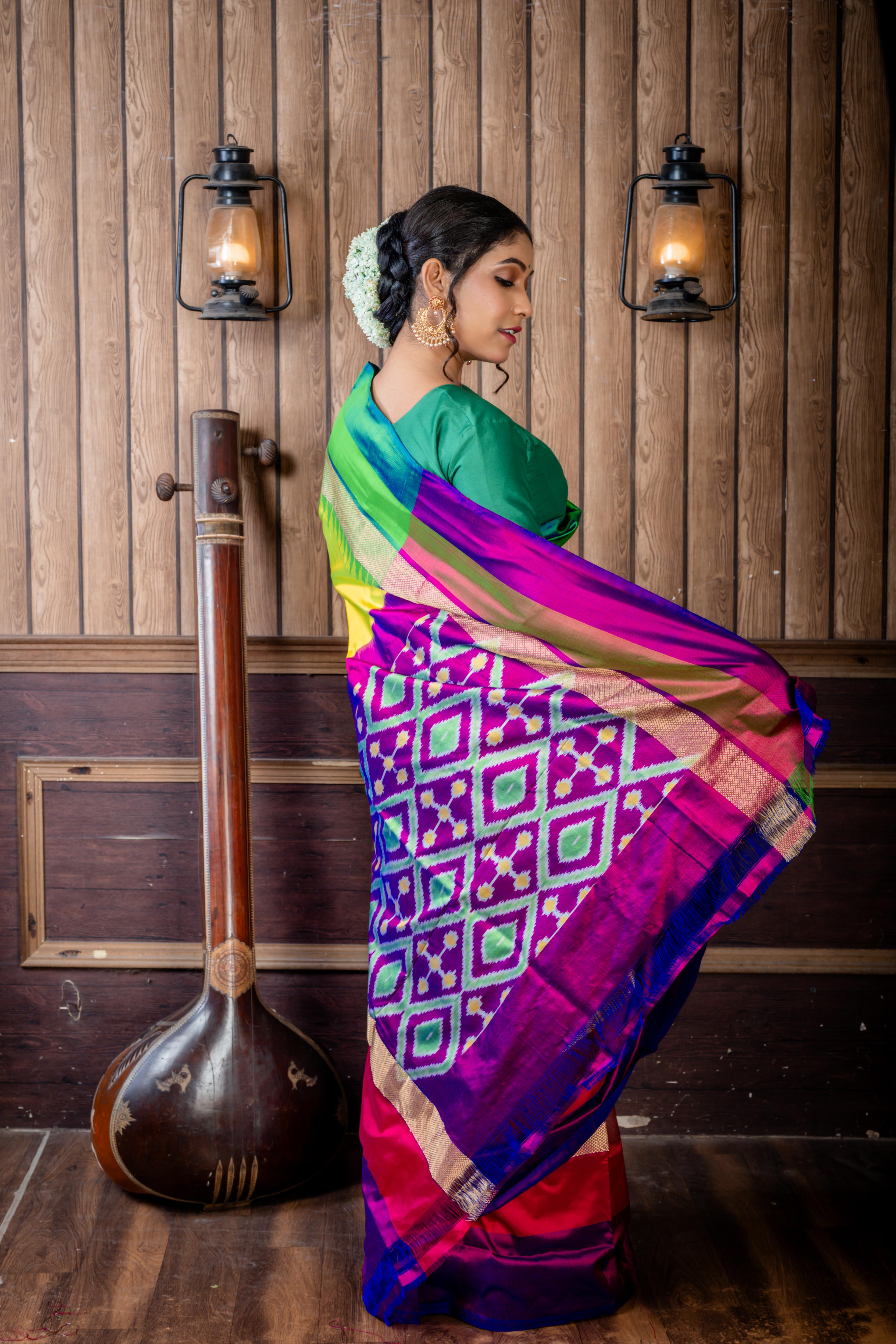 Vanalakshmi || Parrot Green Pure Pochampally Silk Handloom Saree with Plain Body, Light with Dark Green & Matte Gold Zari and Magenta with Purple & Antique Gold Zari 'Ganga-Jamuna' Temple Border; and Purple 3D Ikkat Pallu