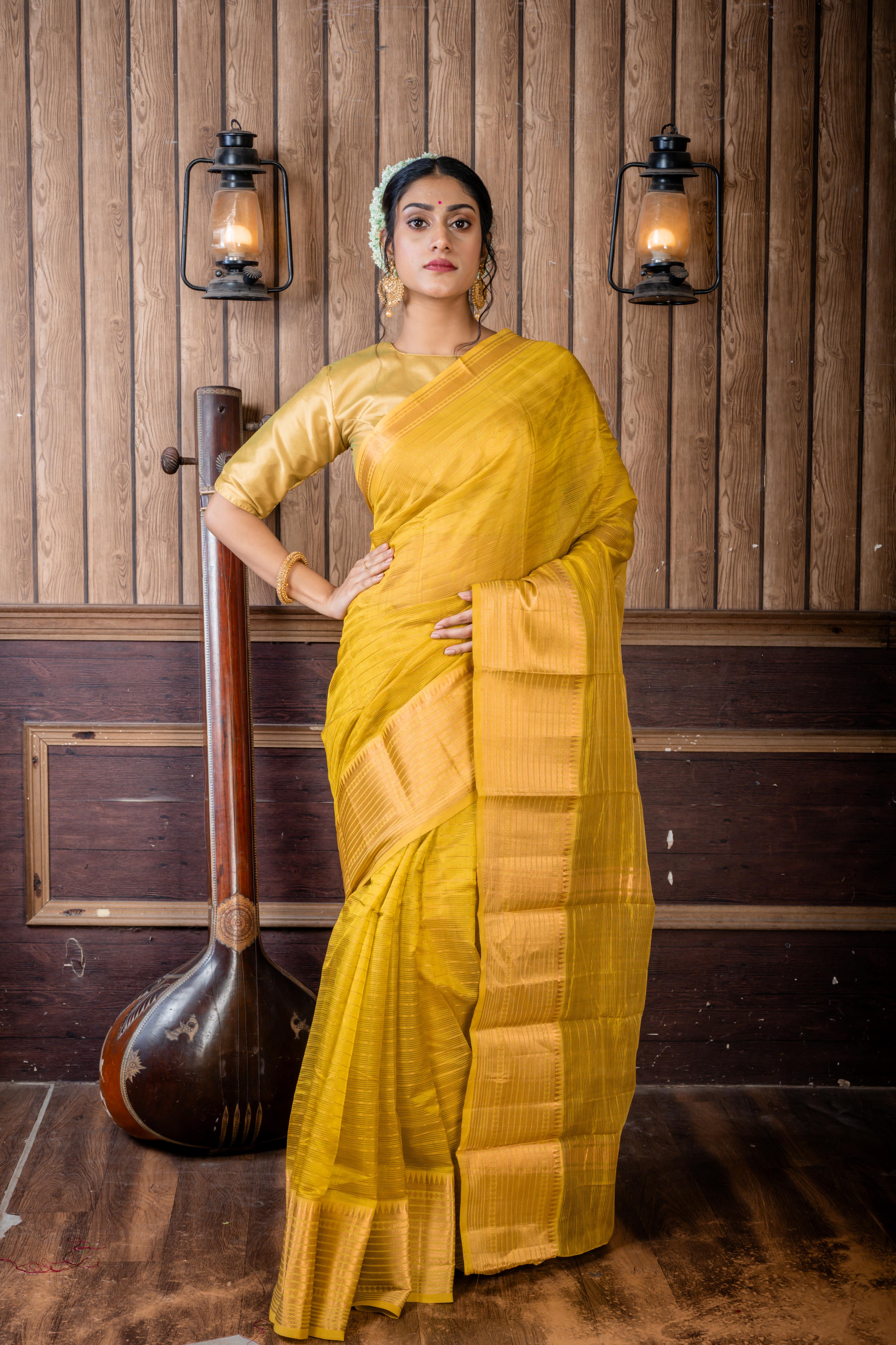 Samahita || Olive Green Resham Striped Cotton Mangalgiri with all over Antique Gold Zari Stripe, Traditional Border & Pallu with Stripe & Checks