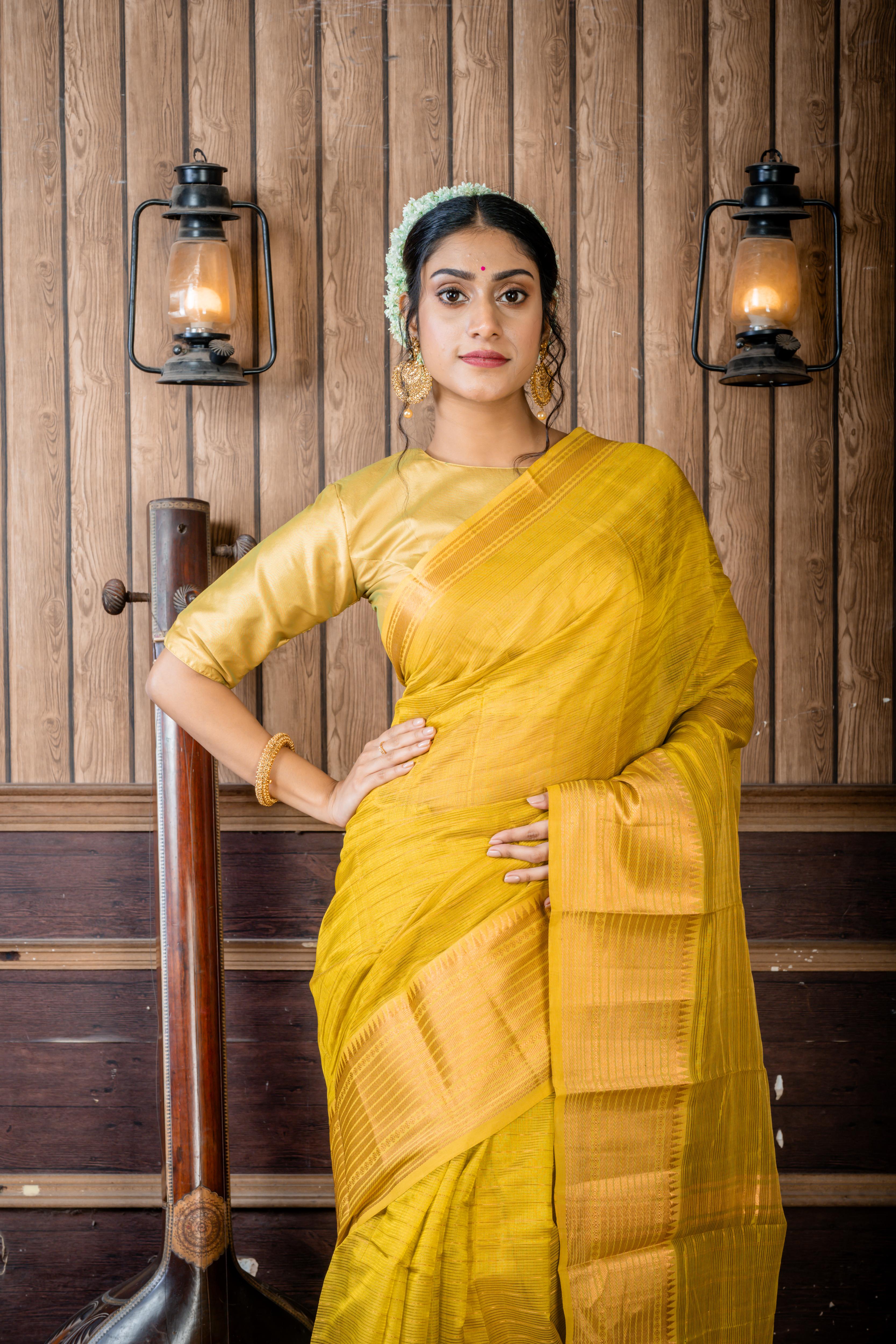 Samahita || Olive Green Resham Striped Cotton Mangalgiri with all over Antique Gold Zari Stripe, Traditional Border & Pallu with Stripe & Checks