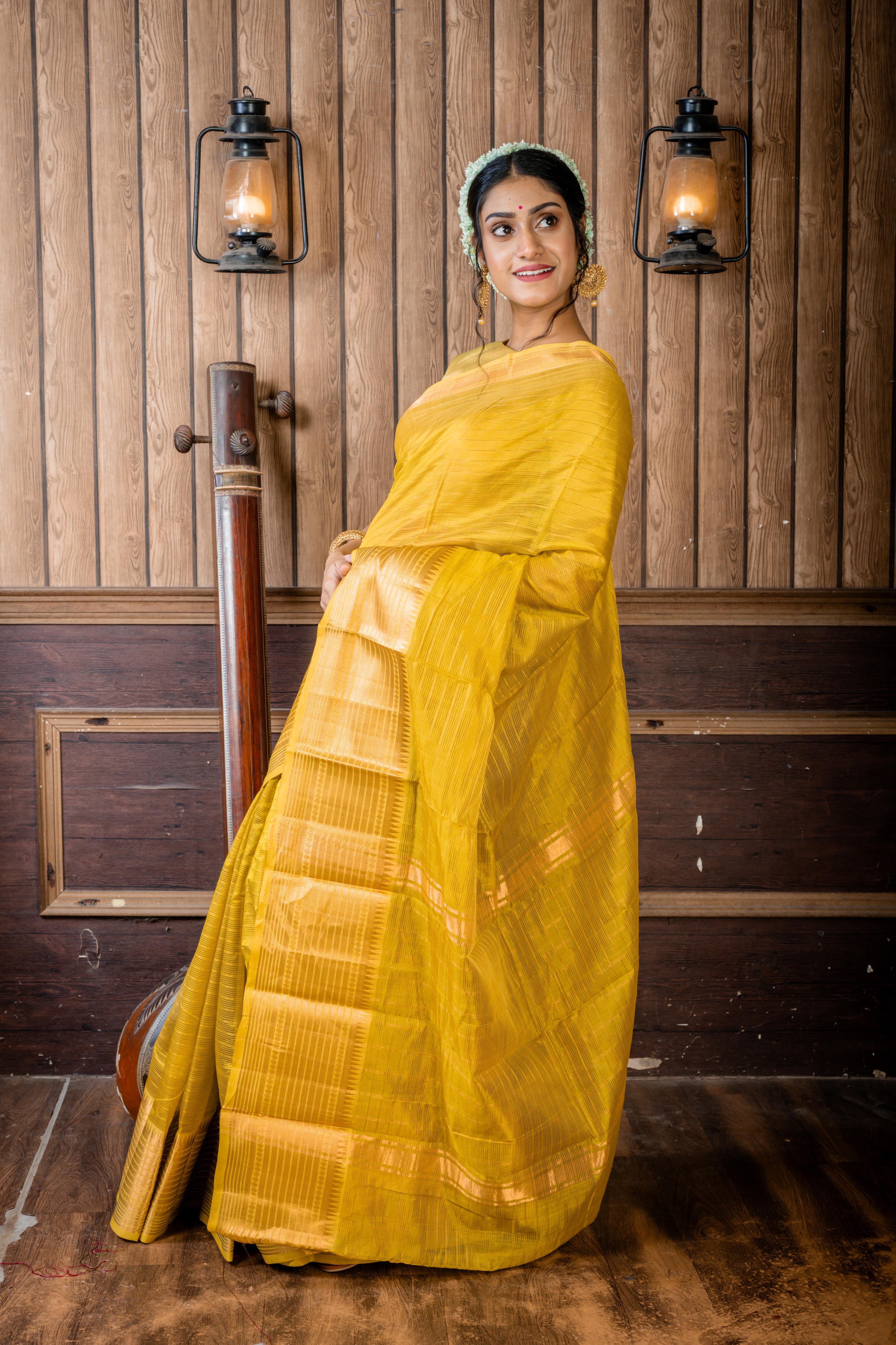 Samahita || Olive Green Resham Striped Cotton Mangalgiri with all over Antique Gold Zari Stripe, Traditional Border & Pallu with Stripe & Checks