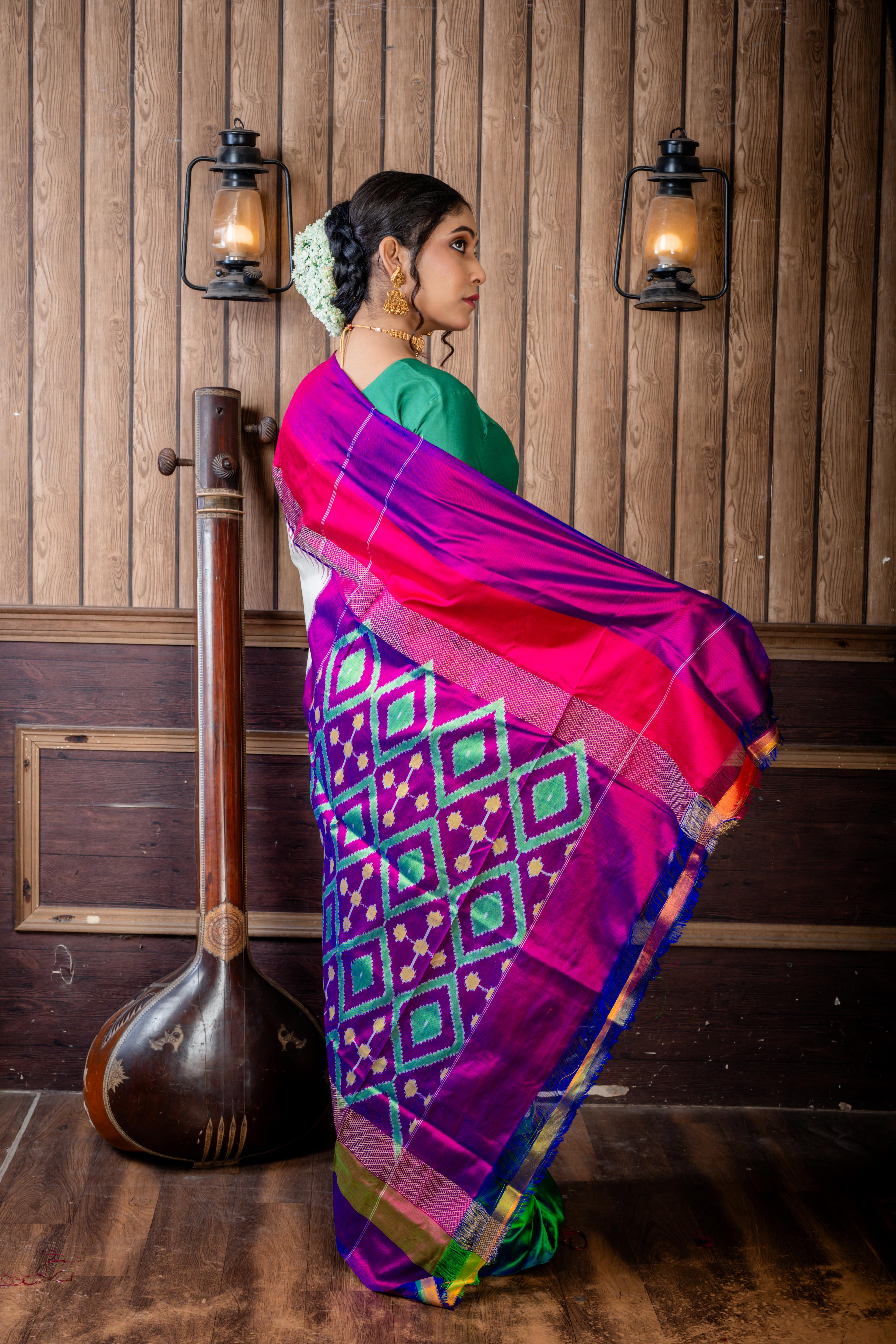 Palakshi || Off-White Pure Pochampally Silk Handloom Saree with Plain Body, Light with Dark Green & Matte Gold Zari and Magenta with Purple & Antique Gold Zari 'Ganga-Jamuna' Temple Border; and Purple 3D Ikkat Pallu