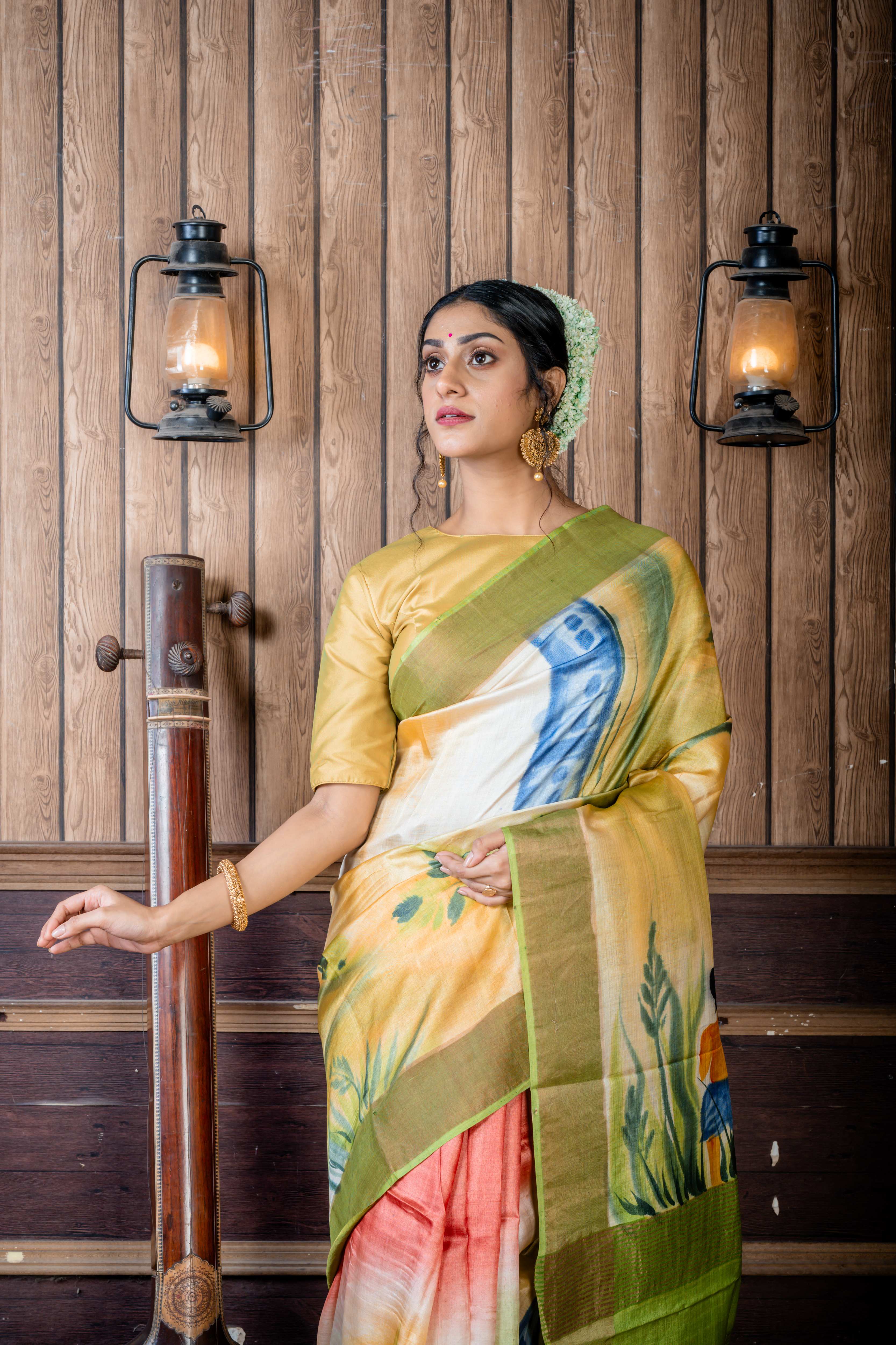 Suchitra || Peachy Brown & Multi-colour shaded Pure Tussar Silk Handloom Saree with Olive Green-Antique Gold Zari & Antique Copper 'Ganga Jamuna' Border and Multi-colour Foral Hand Paint Body & Pallu