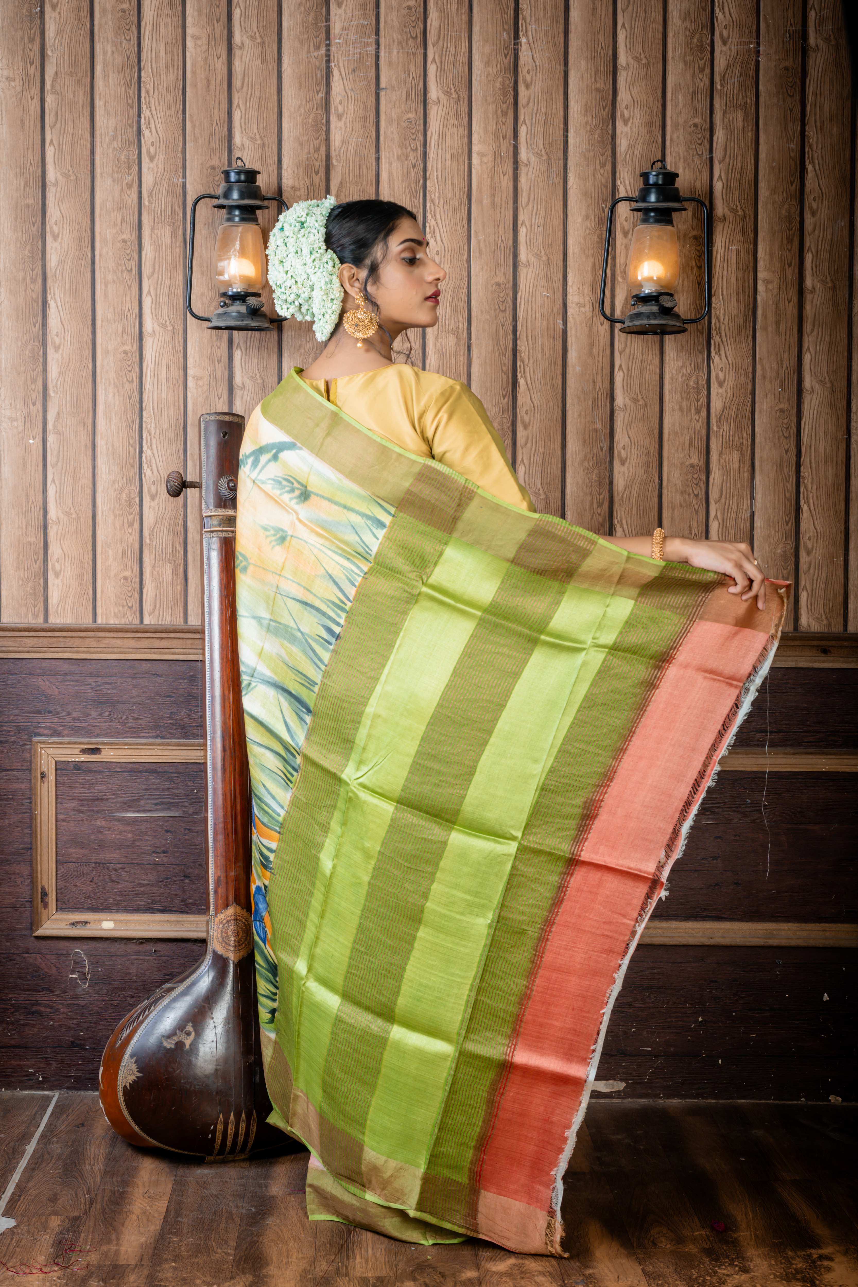 Suchitra || Peachy Brown & Multi-colour shaded Pure Tussar Silk Handloom Saree with Olive Green-Antique Gold Zari & Antique Copper 'Ganga Jamuna' Border and Multi-colour Foral Hand Paint Body & Pallu