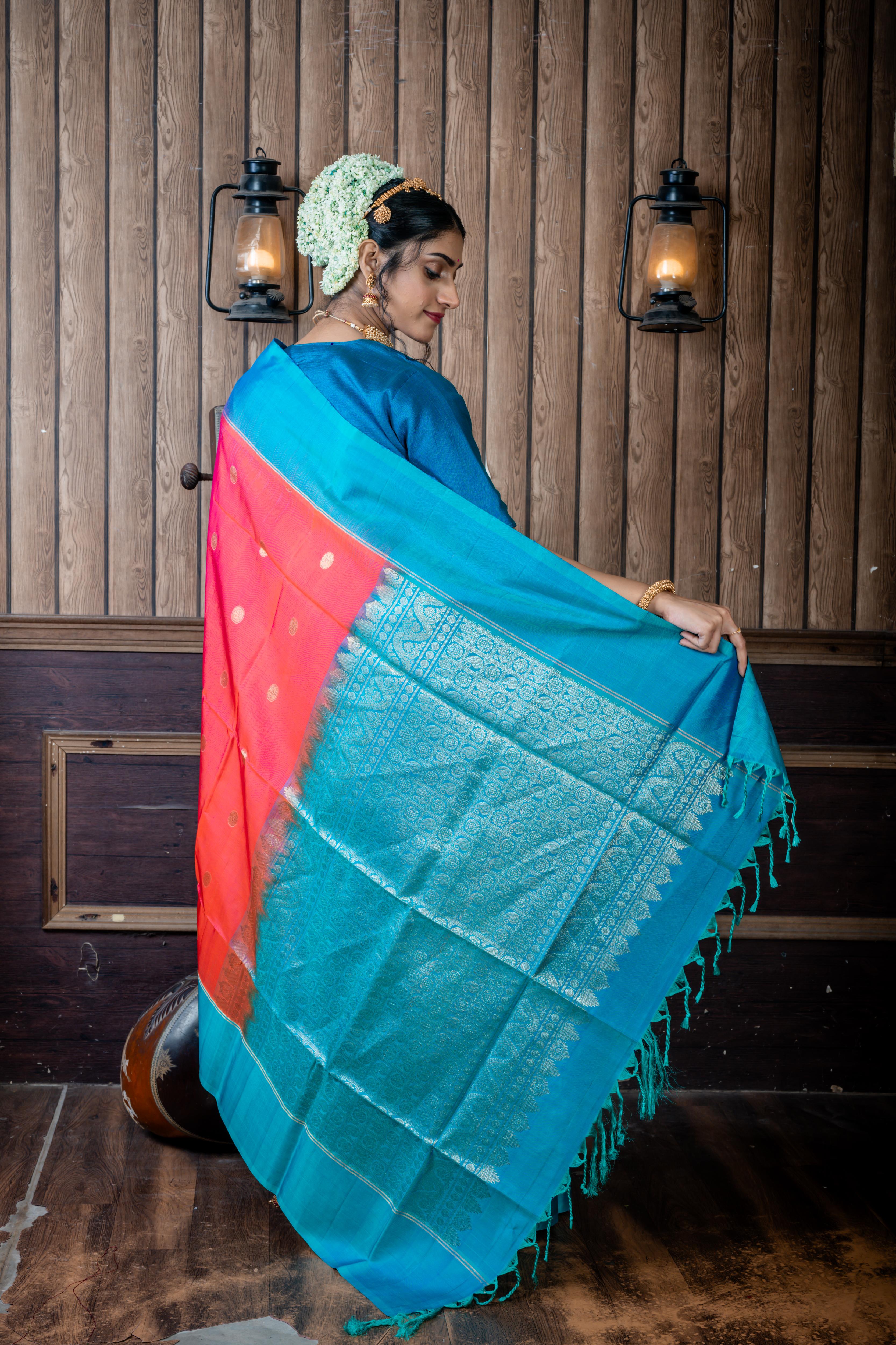 Lalitha || Magenta & Rust Orange dual tone Pattu Soft Silk Handloom Saree with all over Antique Gold Zari Buta and Turquoise Blue & Teal Green dual-tone Plain Border & Pallu with Matte Gold Zari Traditional Checks design