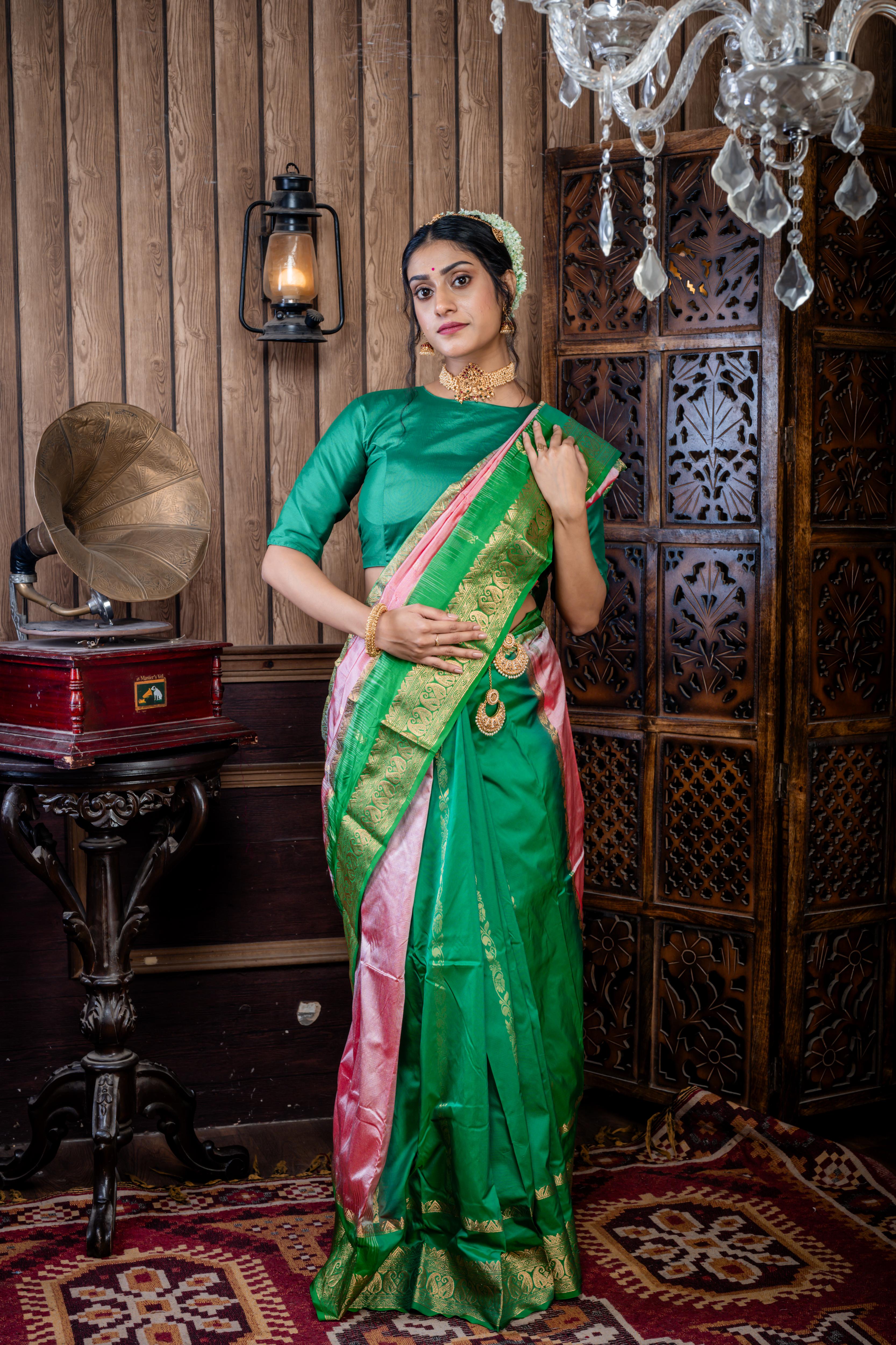 Jaya || Half Body Light Onion Pink & Steel Grey dual tone with Matte Gold Zari Buta and Half Body Forest Green & Matte Gold Zari Stripe 'Patli Pallu' Kanjivaram Silk Saree with Parrot Green & Golden Zari Traditional design Border & Pallu