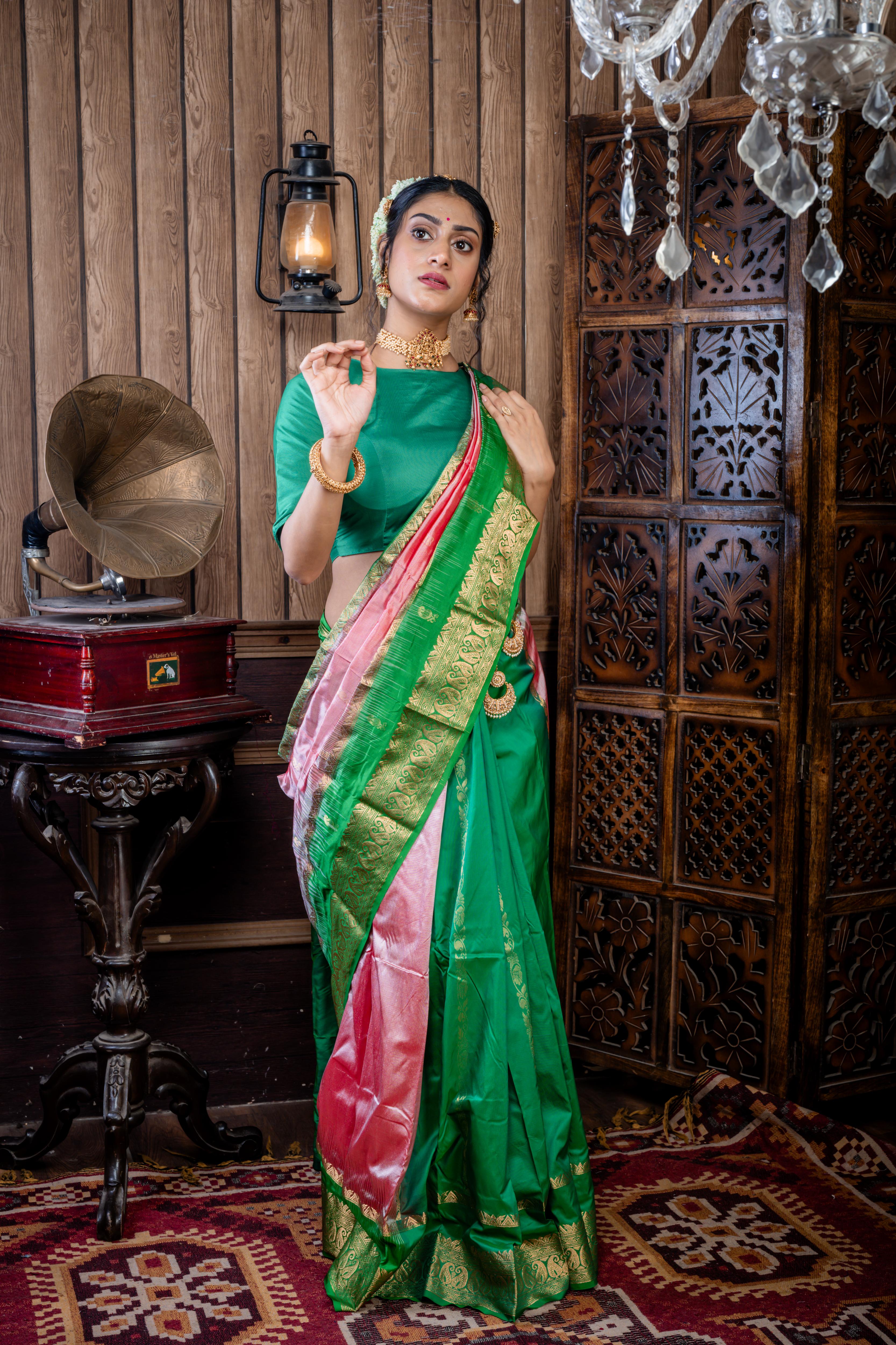 Jaya || Half Body Light Onion Pink & Steel Grey dual tone with Matte Gold Zari Buta and Half Body Forest Green & Matte Gold Zari Stripe 'Patli Pallu' Kanjivaram Silk Saree with Parrot Green & Golden Zari Traditional design Border & Pallu