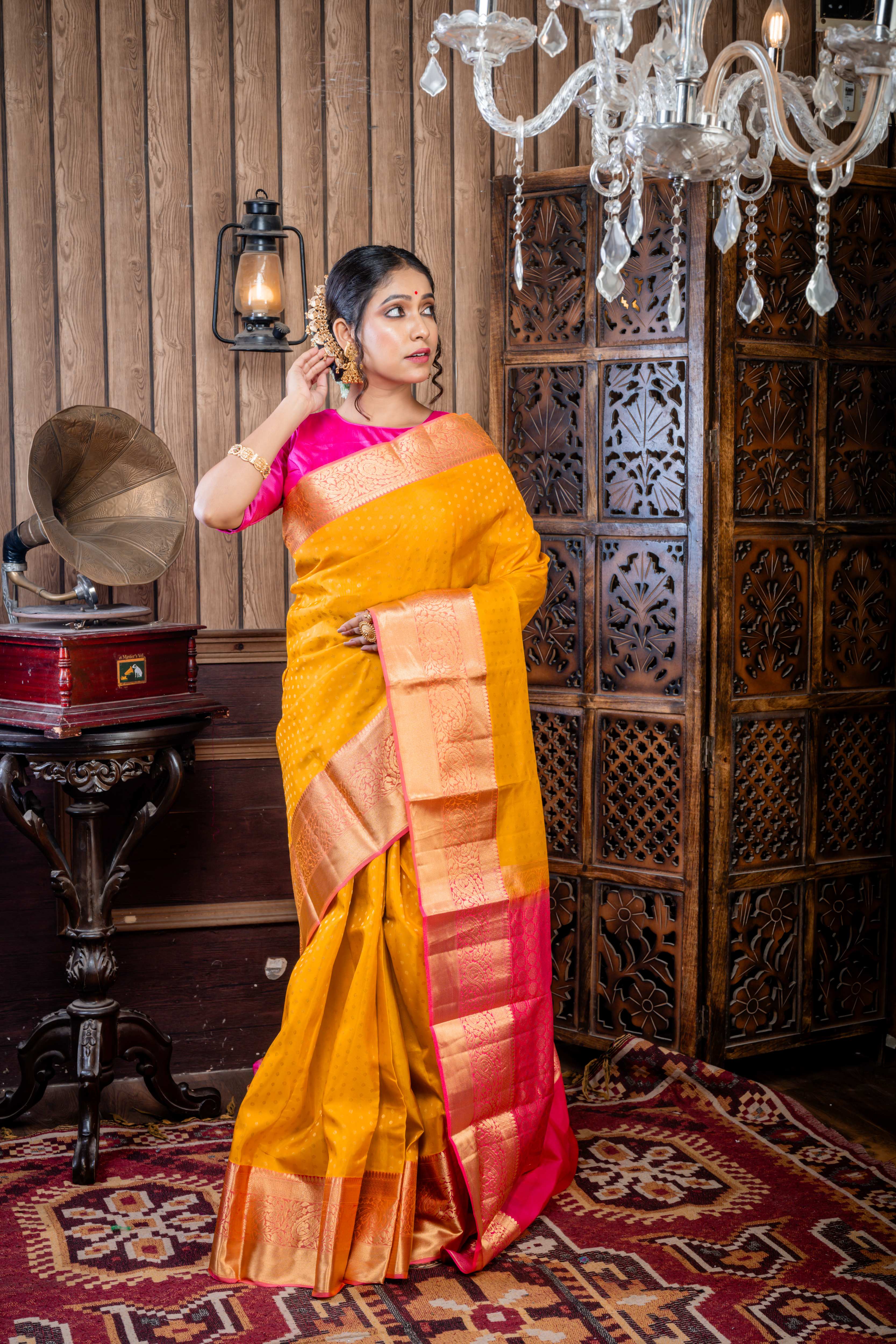 Saipriya || Mustard Yellow Kora Silk Saree with all over Matte Gold Zari Buti, Light Magenta Pink & Matte Gold Zari Border and Antique Zari Floral motif Pallu
