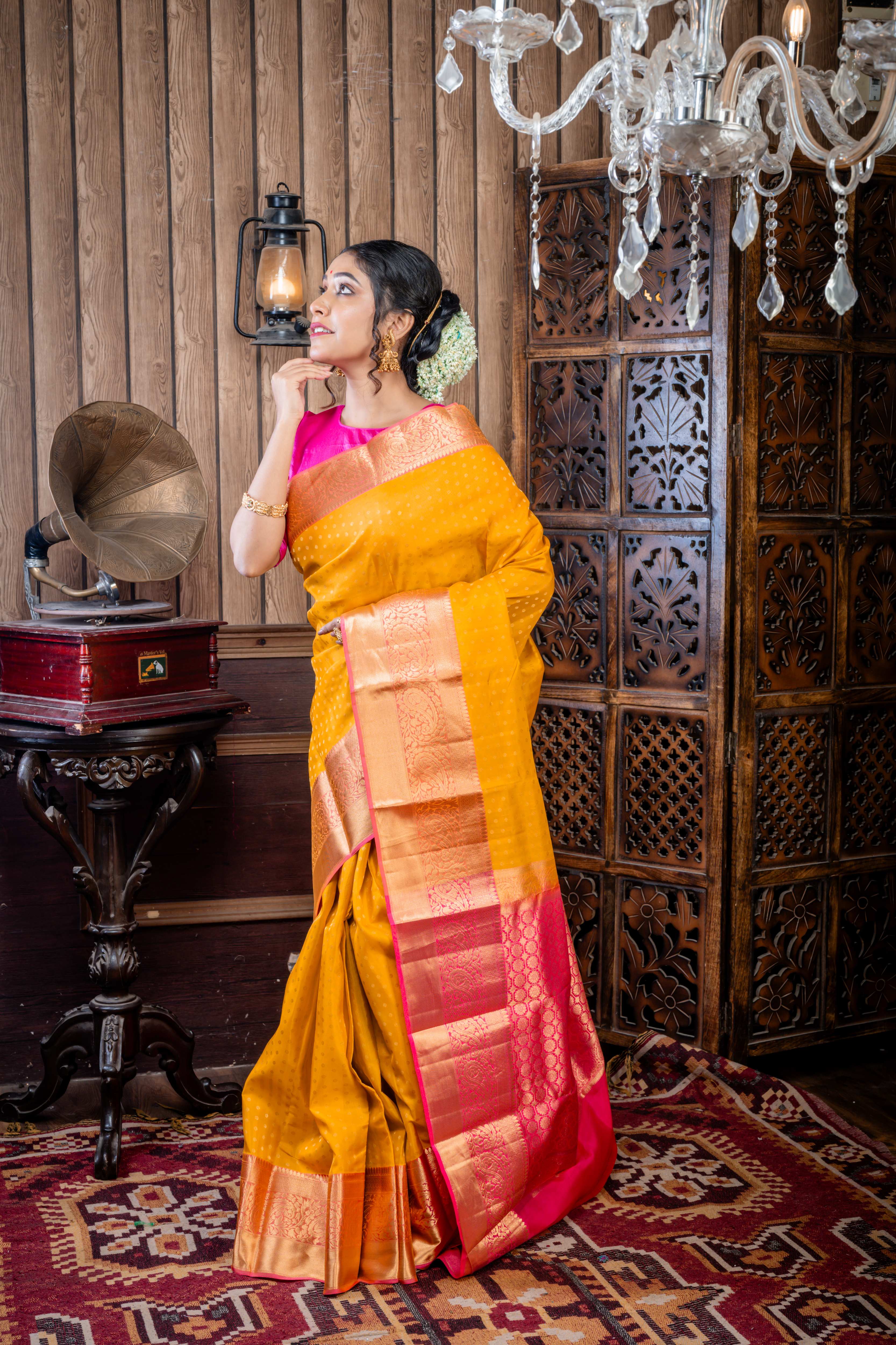 Saipriya || Mustard Yellow Kora Silk Saree with all over Matte Gold Zari Buti, Light Magenta Pink & Matte Gold Zari Border and Antique Zari Floral motif Pallu