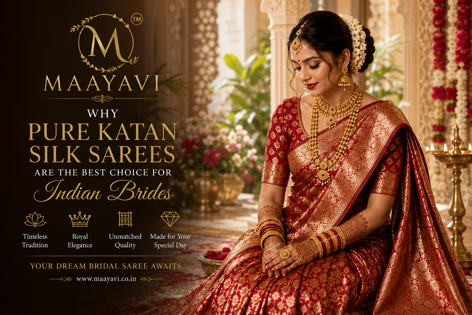 Indian bride wearing pure red Katan silk saree with golden zari work by Maayavi