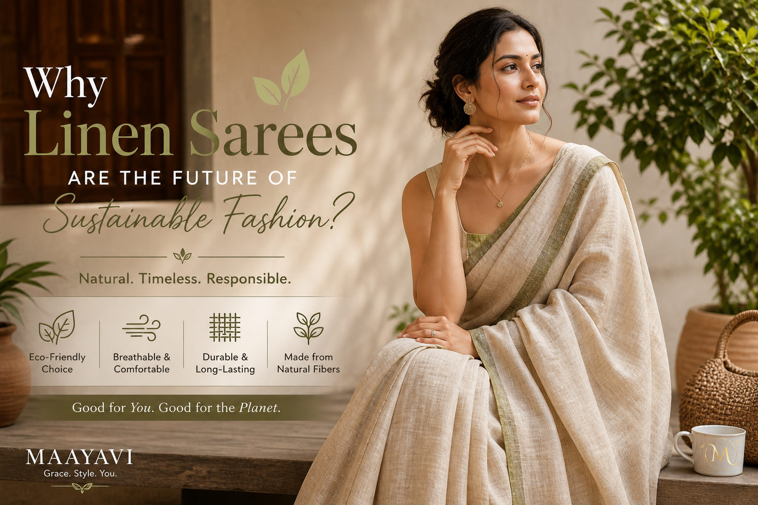 Woman wearing eco-friendly linen saree in natural setting representing sustainable fashion in India