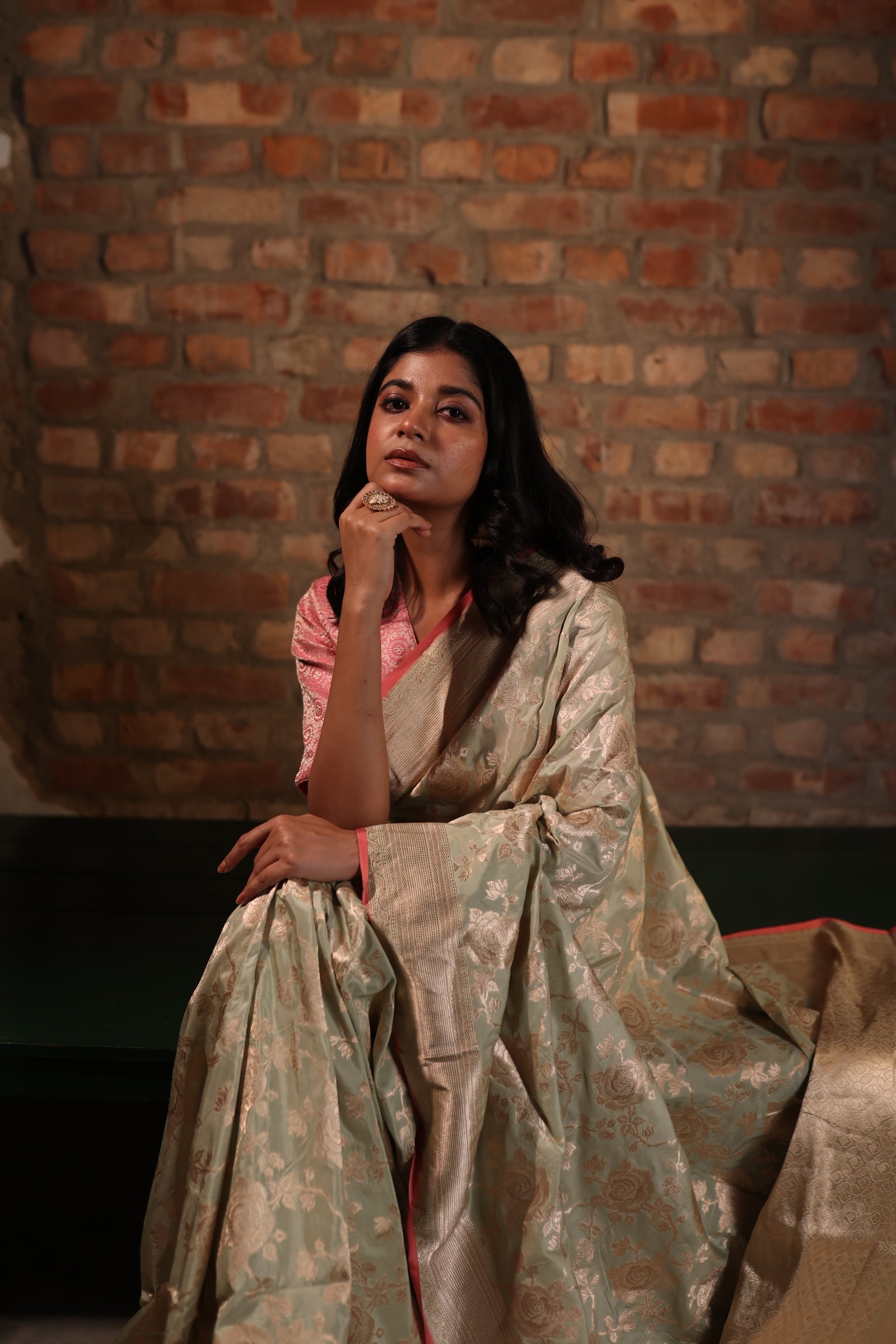 Gulab || Pastel Sage Green Pure Katan Handloom Banarasi Saree with all over 'Alfi' Rose motif and Jaal in Matte Gold Zari