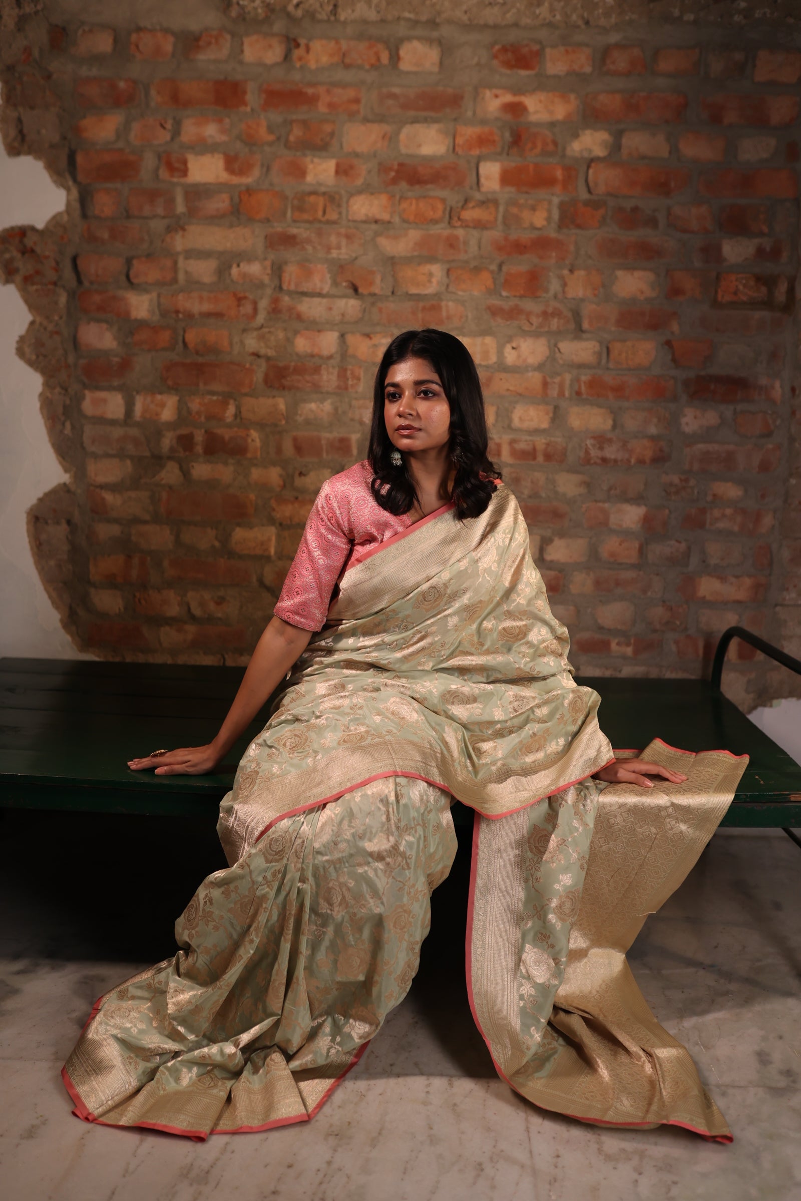 Gulab || Pastel Sage Green Pure Katan Handloom Banarasi Saree with all over 'Alfi' Rose motif and Jaal in Matte Gold Zari