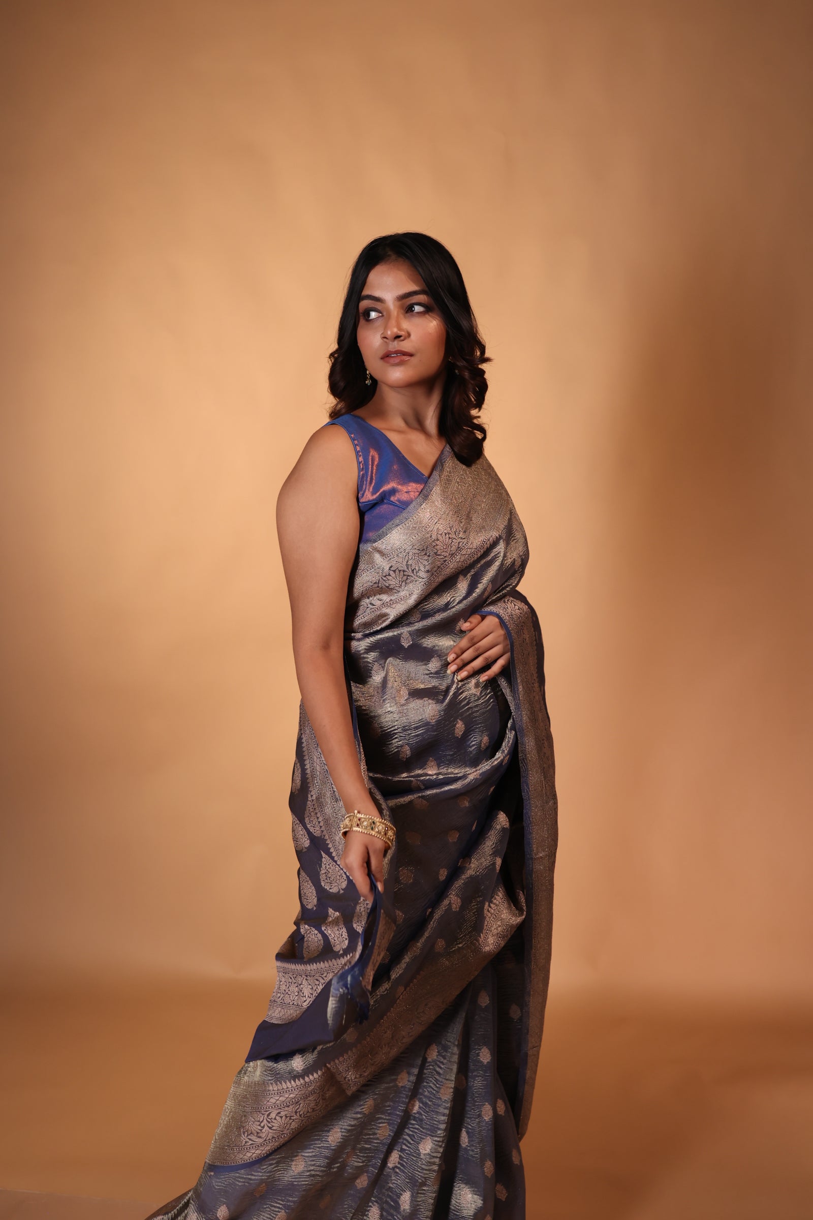 Anika || Dusty Blue Crushed Tissue Banarasi Saree with all over Copper Zari woven Buta