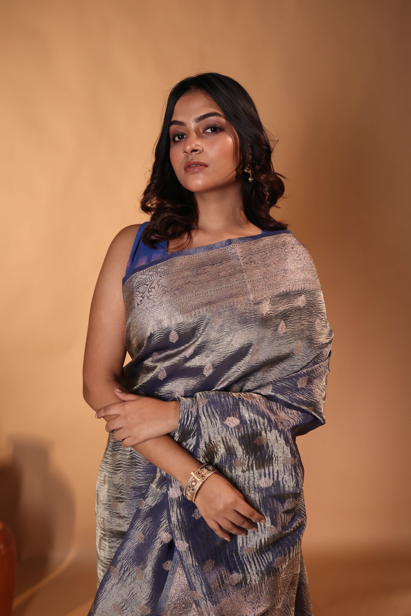 Anika || Dusty Blue Crushed Tissue Banarasi Saree with all over Copper Zari woven Buta