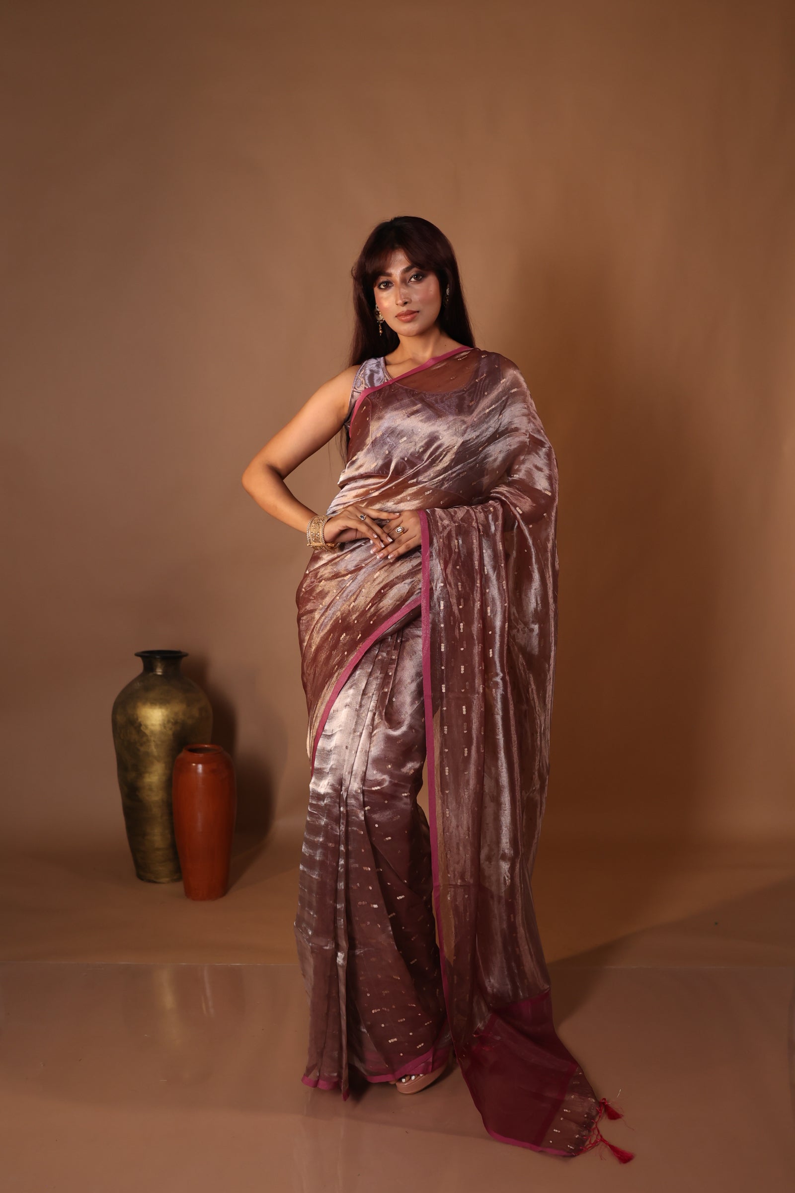 Karishma || Taupe Brown & Onion Pink Dual Tone Tissue Silk Banarasi Saree with all over Golden Zari Buti