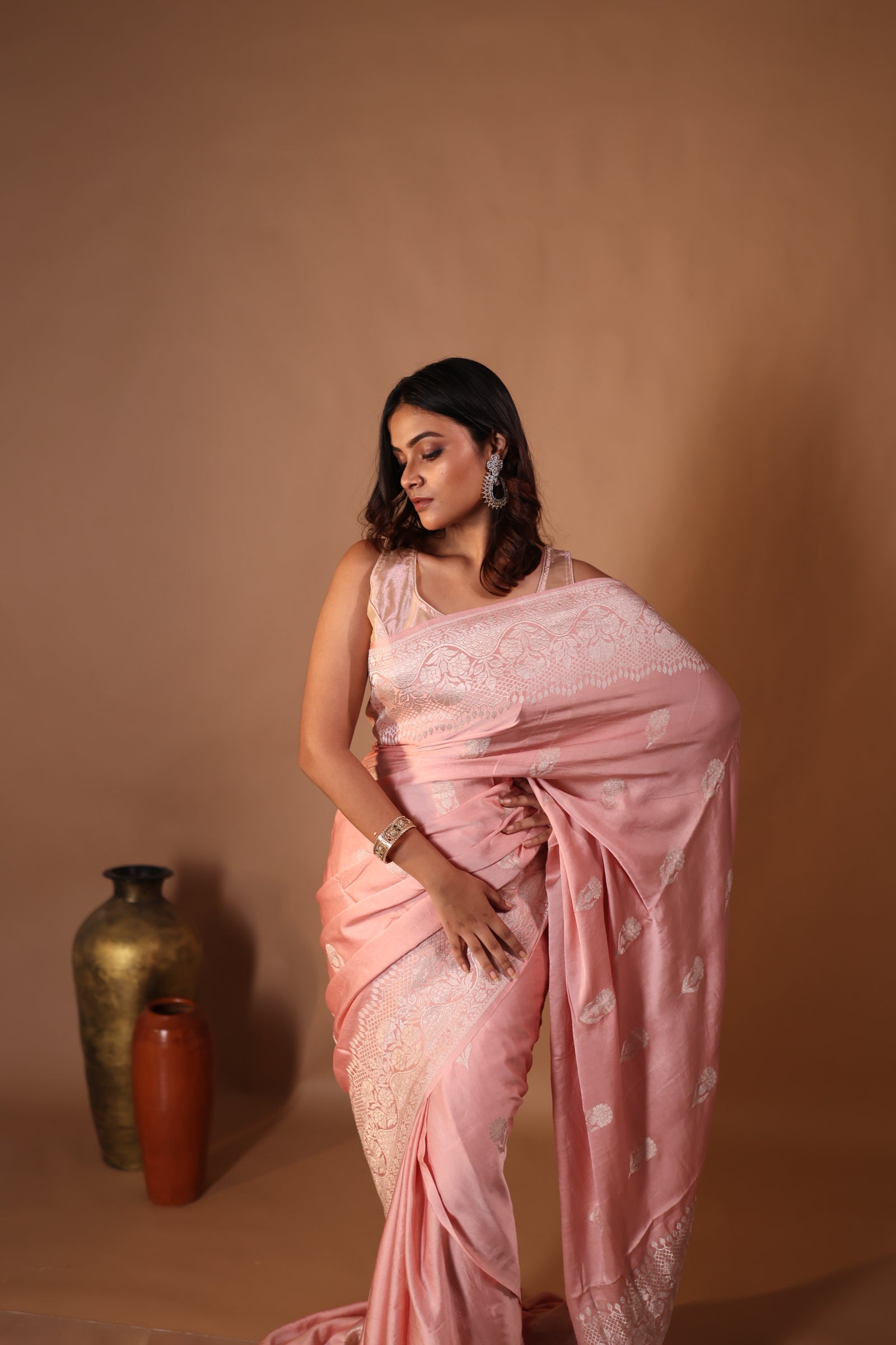 Pankhuri || Rose Quartz Pink Pure Mashru Silk Handloom Banarasi Saree with all over Matte Silver Zari Kadhua Buta and Border