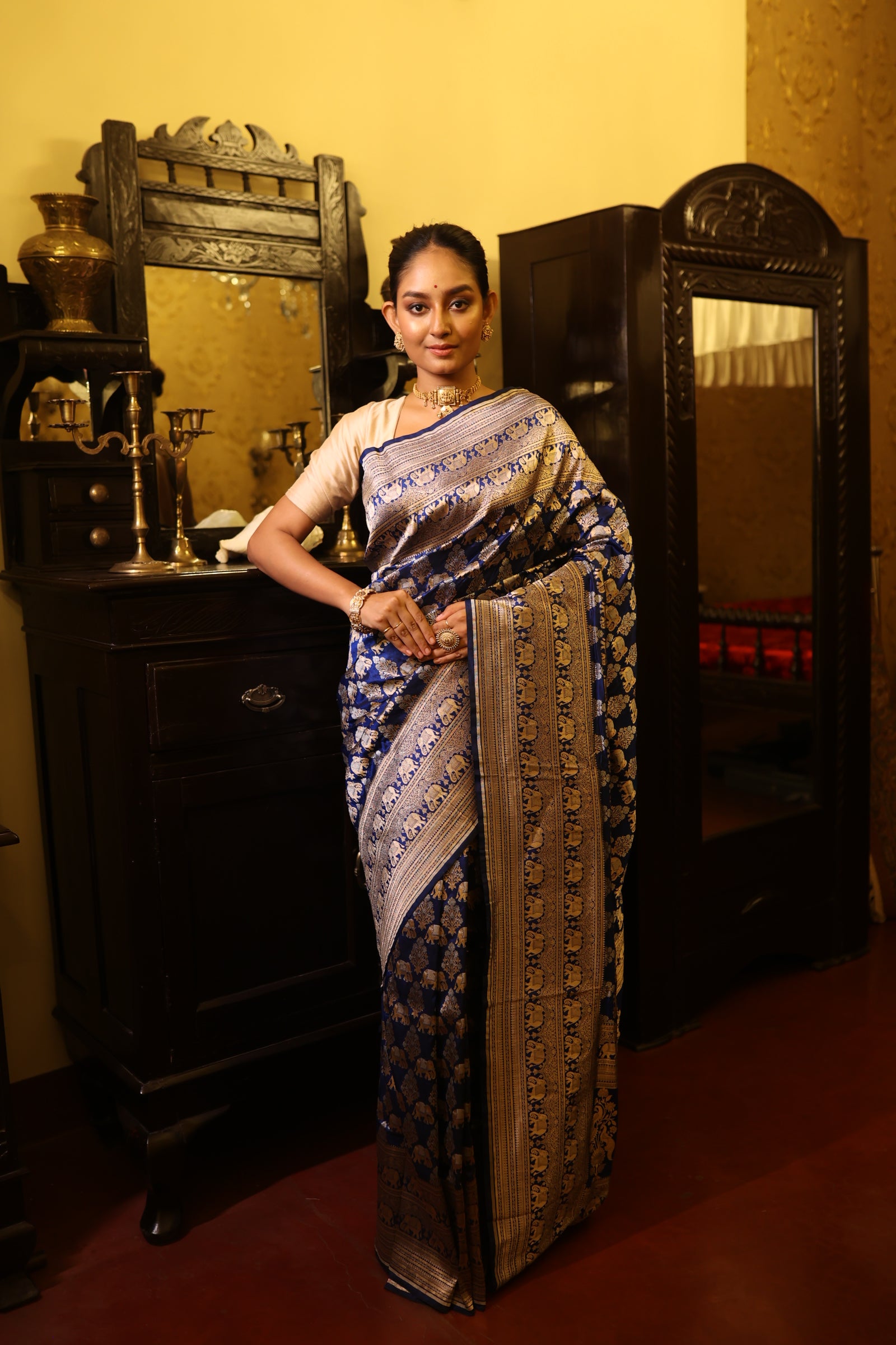 Gajalakshmi || Navy Blue Pure Katan Handloom Banarasi Shikargah Saree with all over Elephant motif in 'Sona-Rupa' Zari