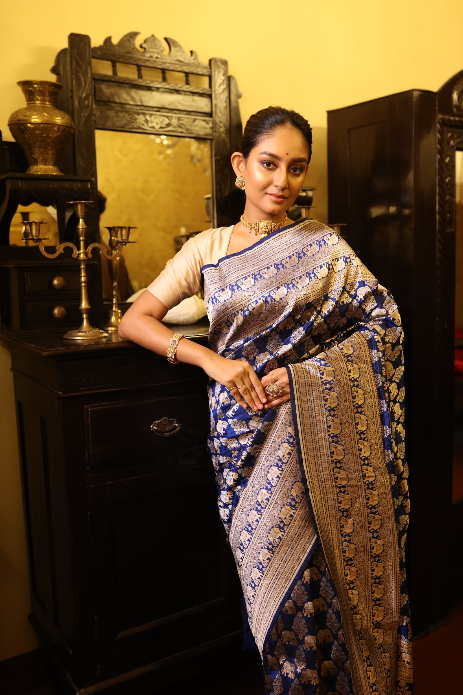 Gajalakshmi || Navy Blue Pure Katan Handloom Banarasi Shikargah Saree with all over Elephant motif in 'Sona-Rupa' Zari